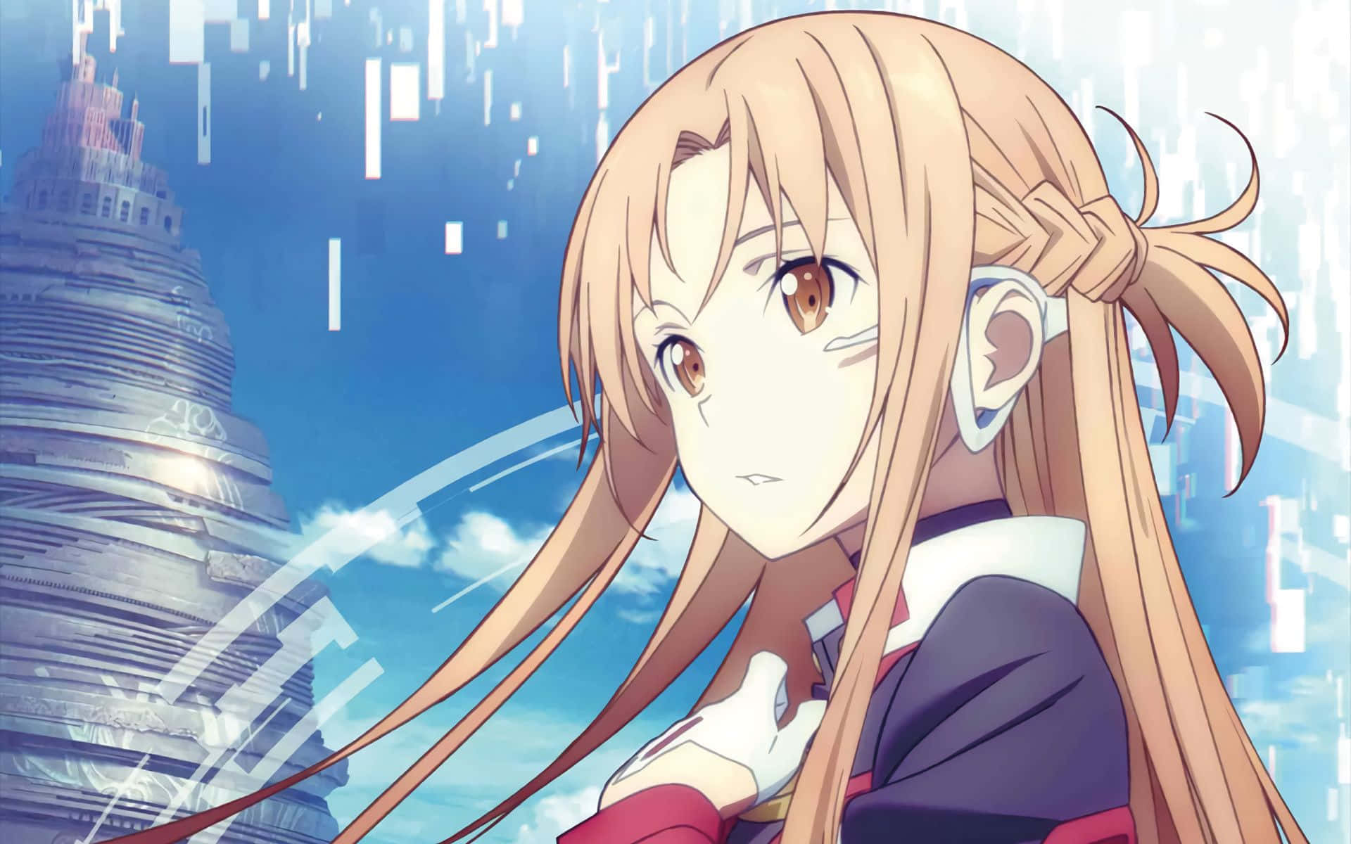 Yuuki Asuna 桌布 壁紙 — 長金髮棕眼動漫女孩在明亮藍天下凝視前方未來數碼城市景觀。