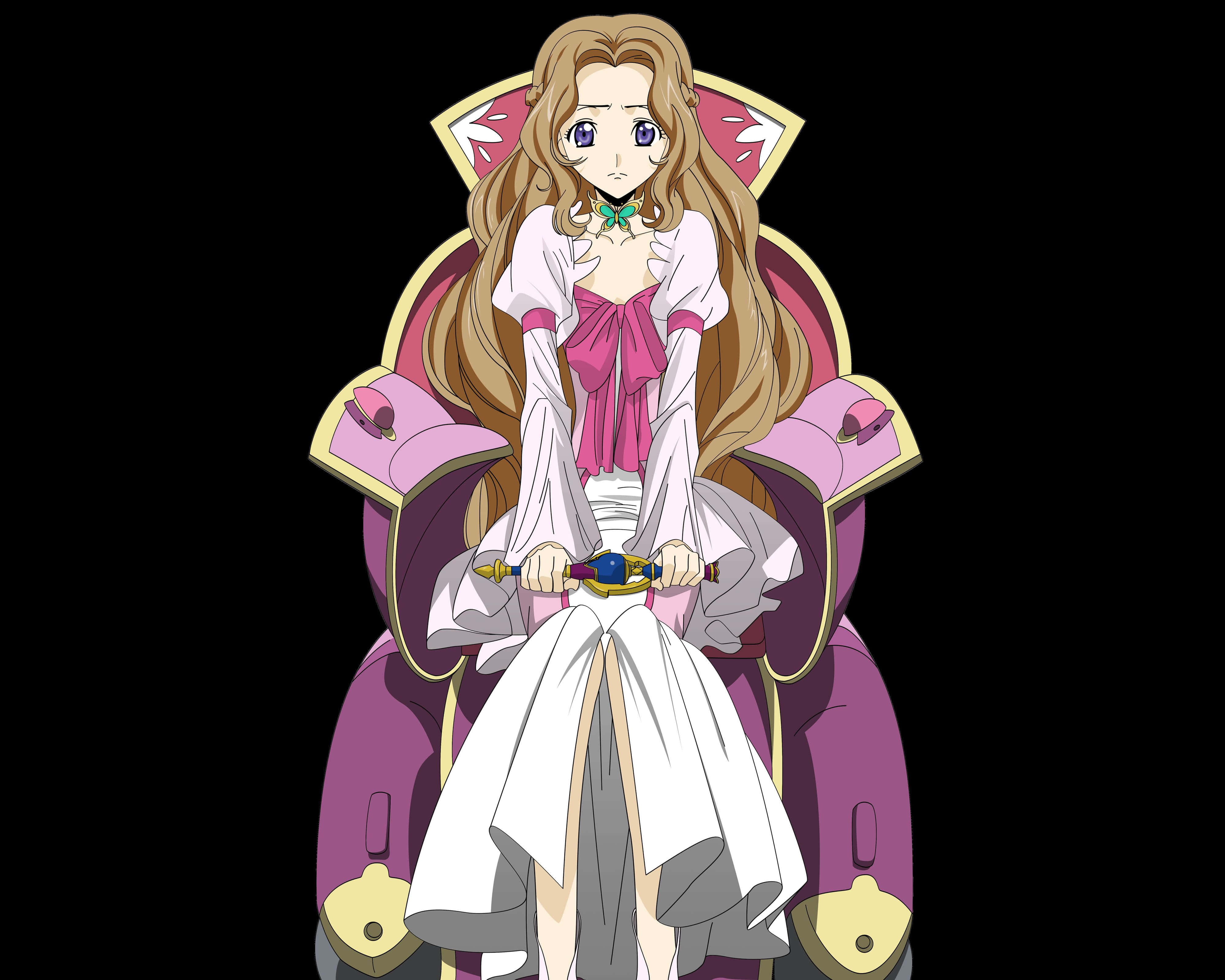 Nunnally Lamperouge 桌布 壁紙 — 長金髮的動漫女孩坐在紫色王座上，手持劍，背景為黑色。