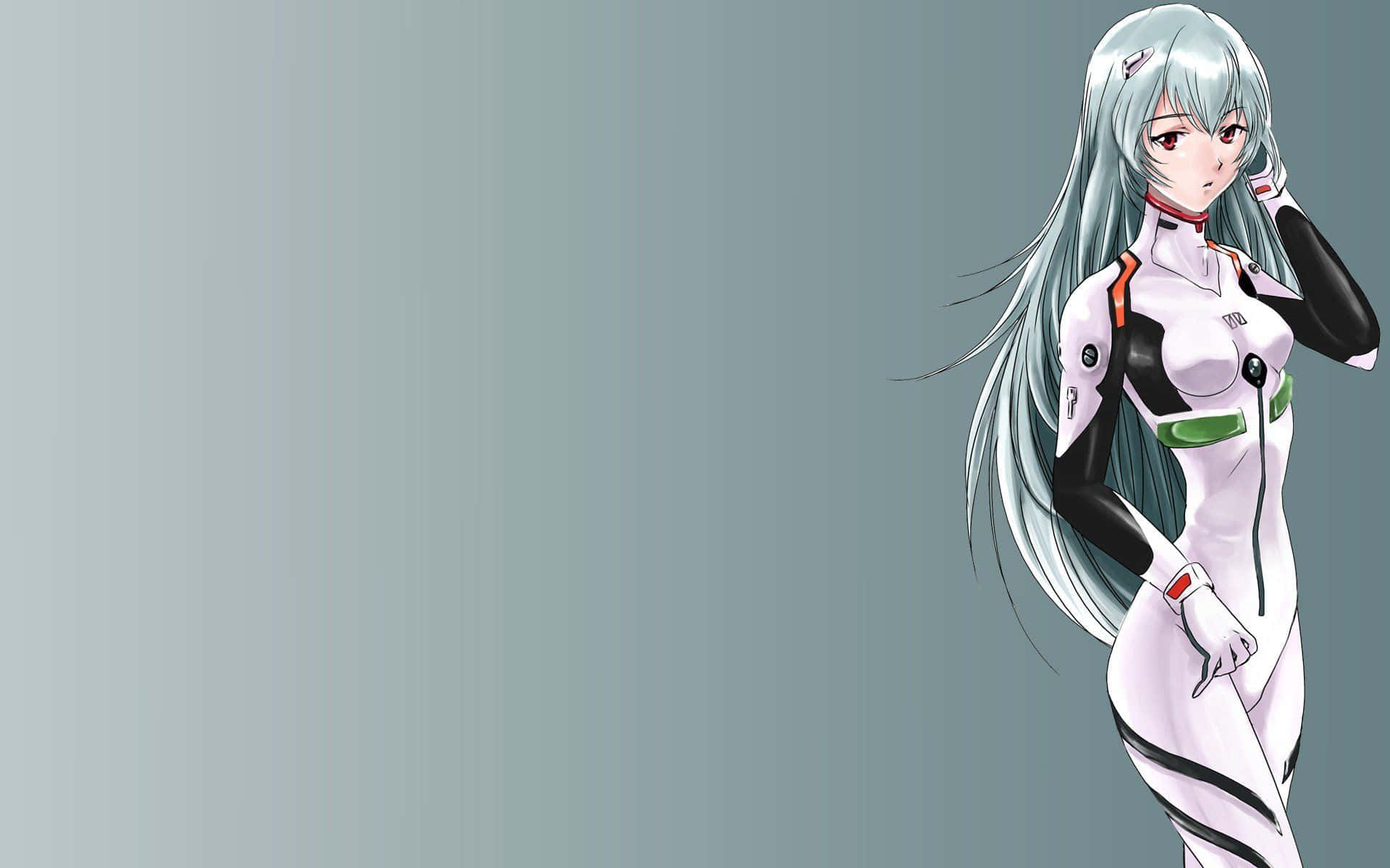 rei ayanami 桌布 壁紙 — 長銀髮的動漫女孩，身穿白、黑、綠色的未來風格套裝，站在柔和青綠背景前。