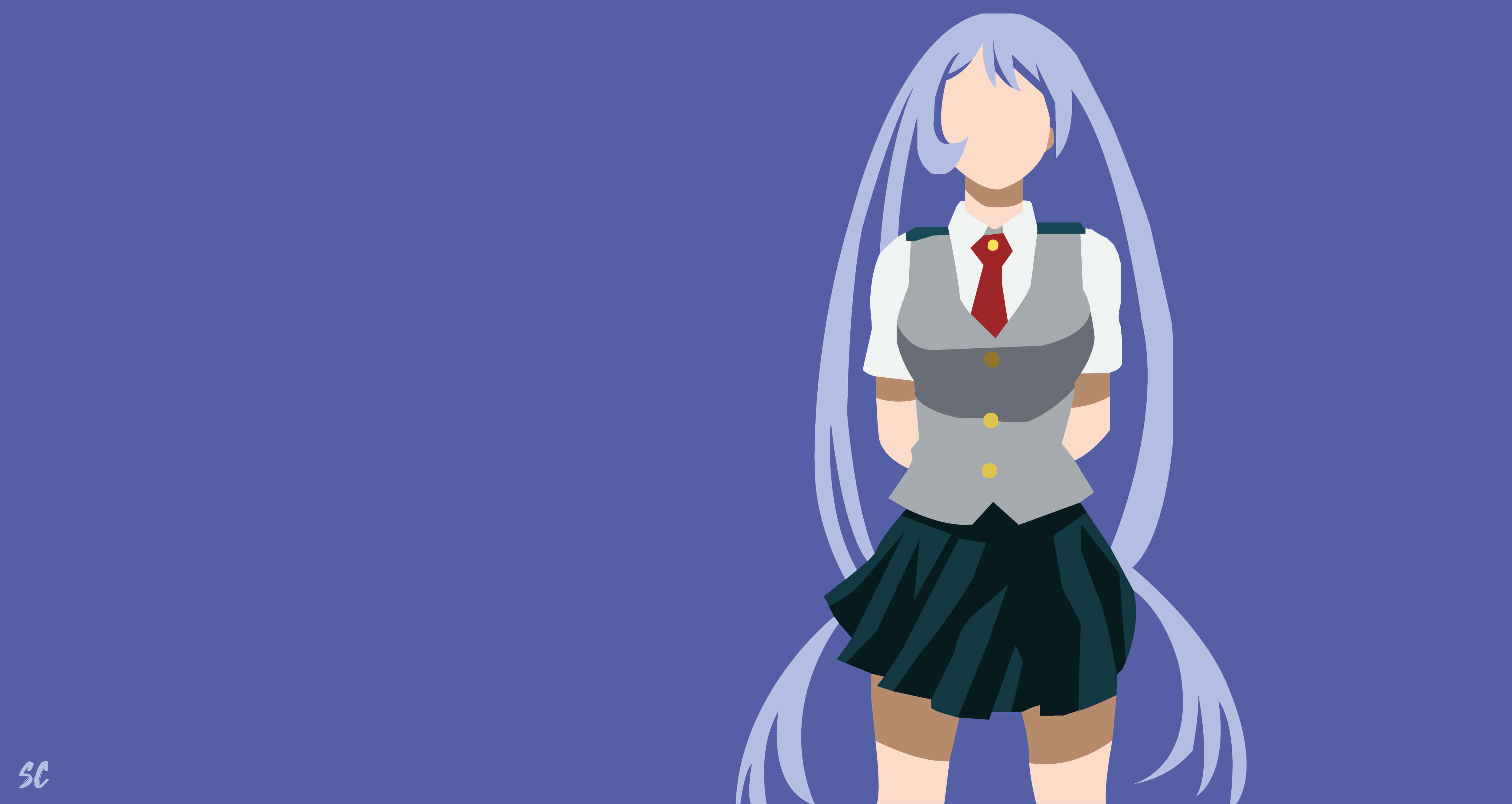 Nejire Hado 桌布 壁紙 — 長銀髮的動漫女孩穿著校服，站在純藍色背景前。
