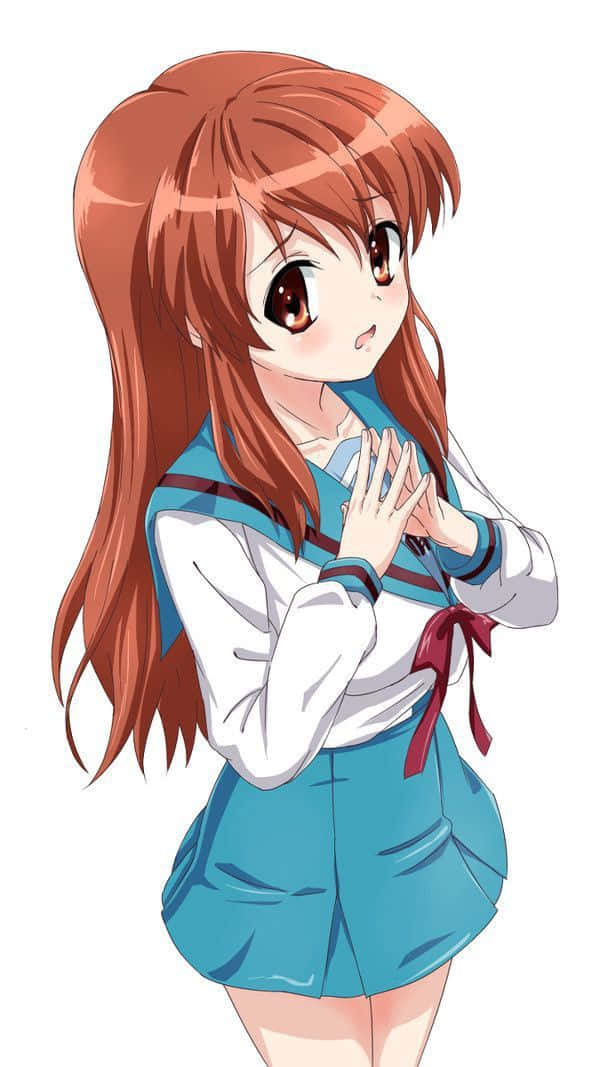 Mikuru Asahina 桌布 壁紙 — 長長赤褐色頭髮和棕色眼睛的動漫女孩，穿著藍色水手服，雙手在胸前交握。
