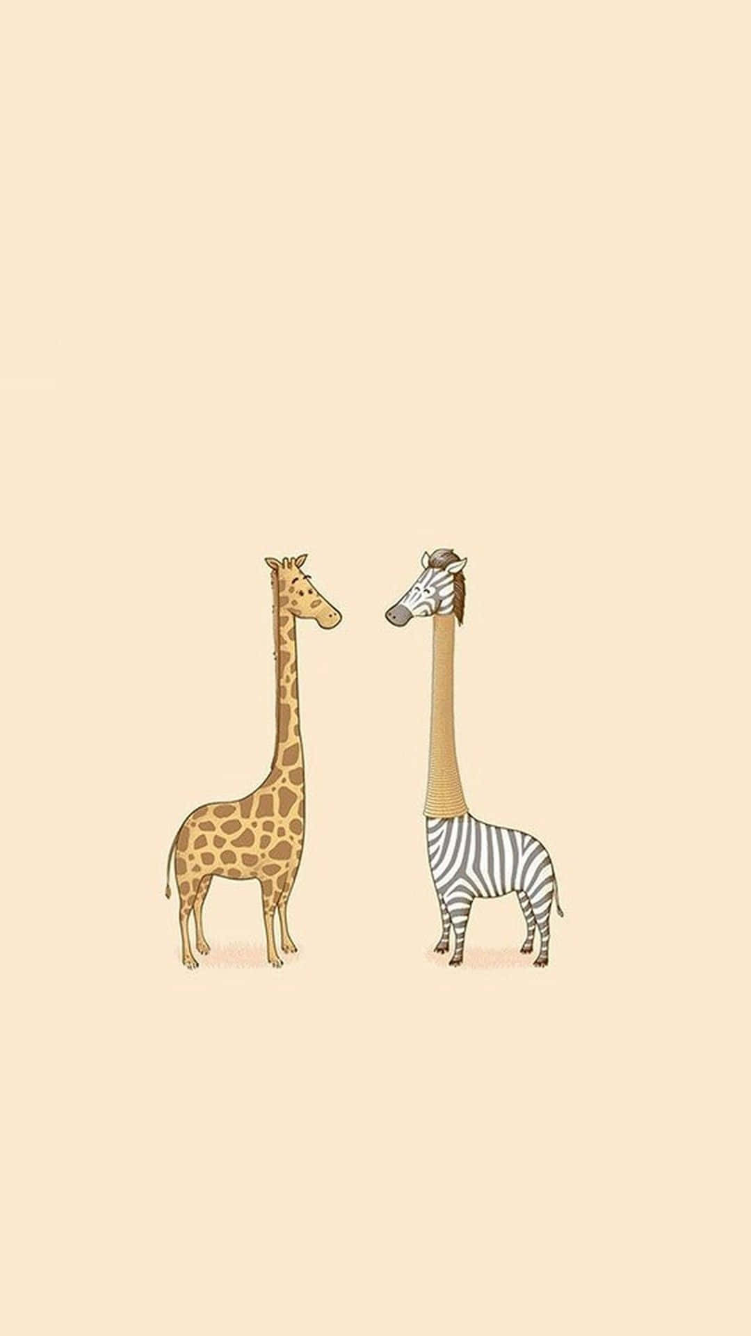 Kawaii Giraffe 桌布 壁紙 — 長頸鹿和斑馬在柔和的米色背景前以極簡卡通風格面對面站立。