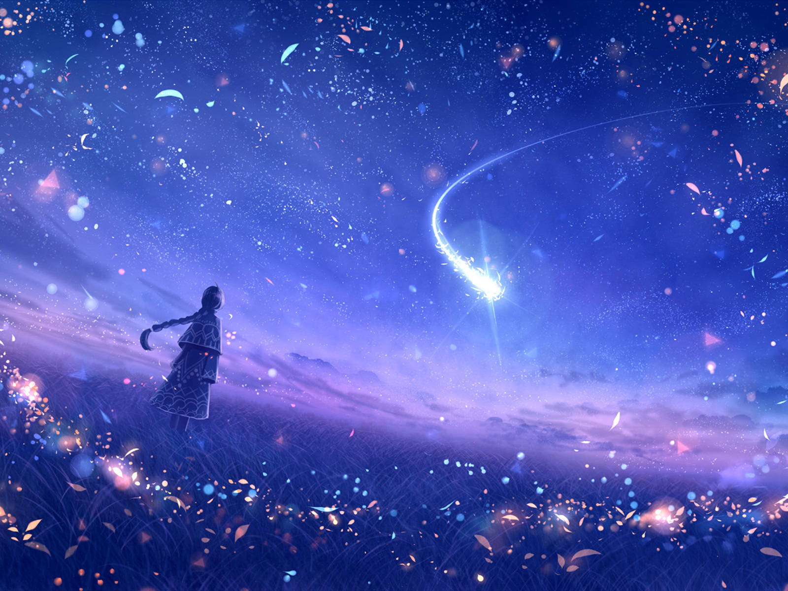 長髮人物凝望流星的通用插畫 壁紙 — 一個穿著圖案連衣裙的孤獨身影站在一片發光的花朵田野中，下方是星光燦爛的黃昏天空，一顆明亮的彗星劃過頭頂。