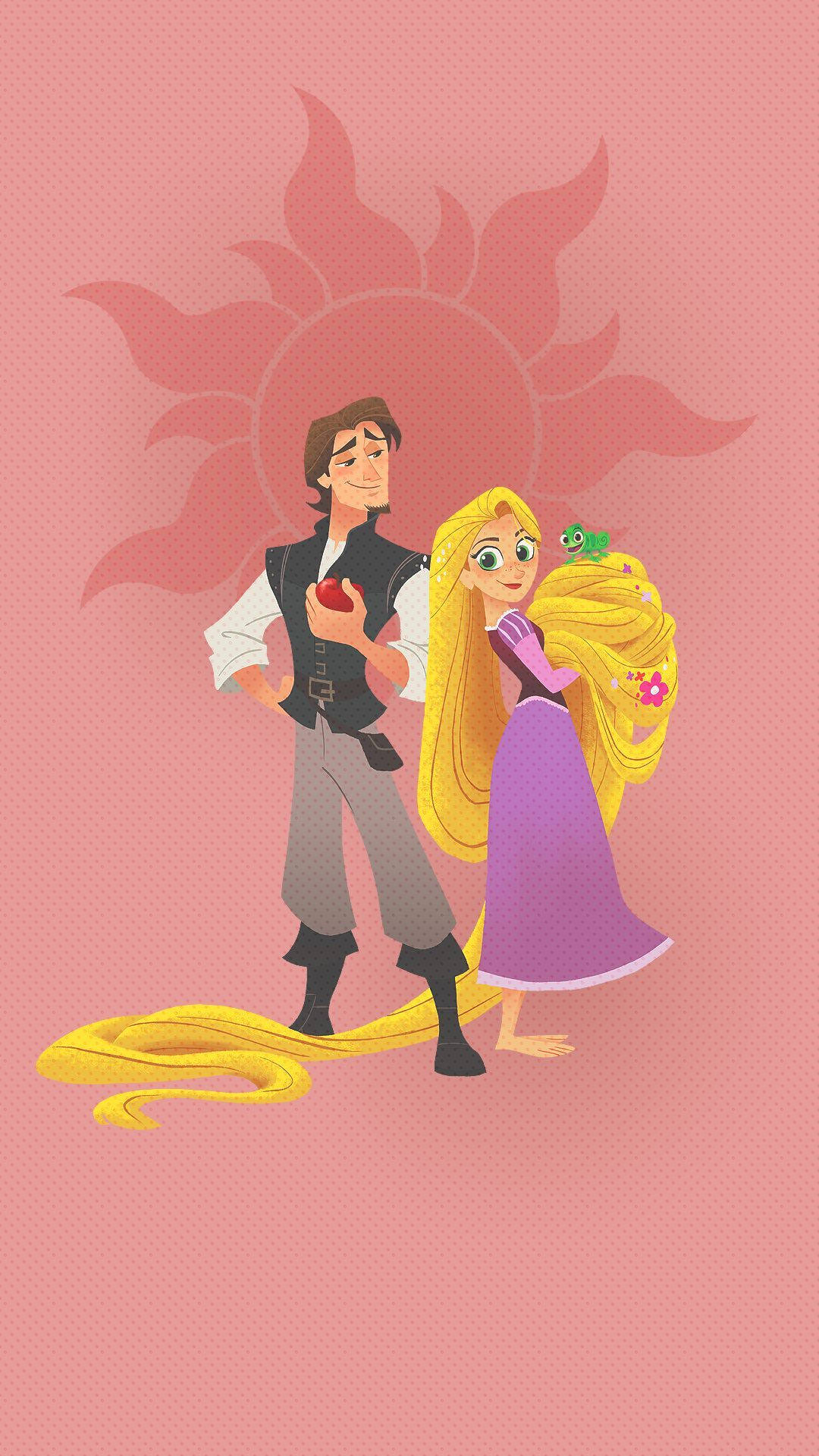 Rapunzel 桌布 壁紙 — 長髮公主和費林·雷德一起站在粉紅色陽光背景前，一隻小青蛙棲息在她的頭髮上。