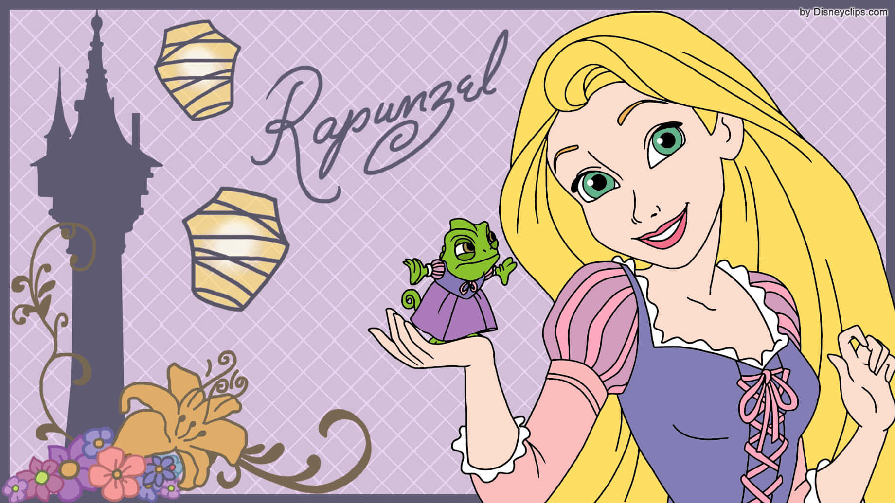 Rapunzel 桌布 壁紙 — 長髮公主樂佩留著金色長髮，微笑著抱著變色龍帕斯卡，背景是紫色，有高塔和花朵。