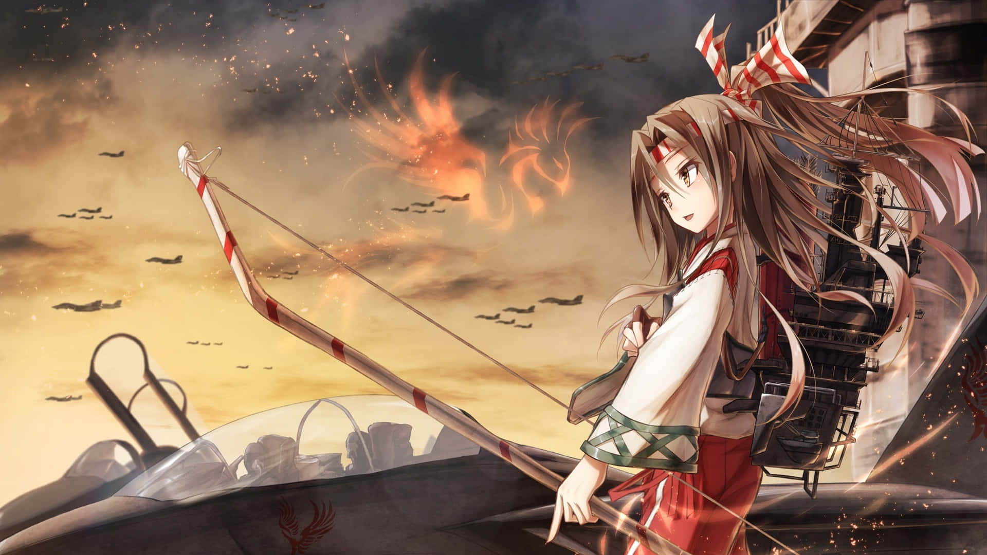Kantai Collection 桌布 壁紙 — 長髮動漫女孩站在戰艦上手持弓箭，火熱的爆炸和戰鬥機充滿煙霧彌漫的天空。