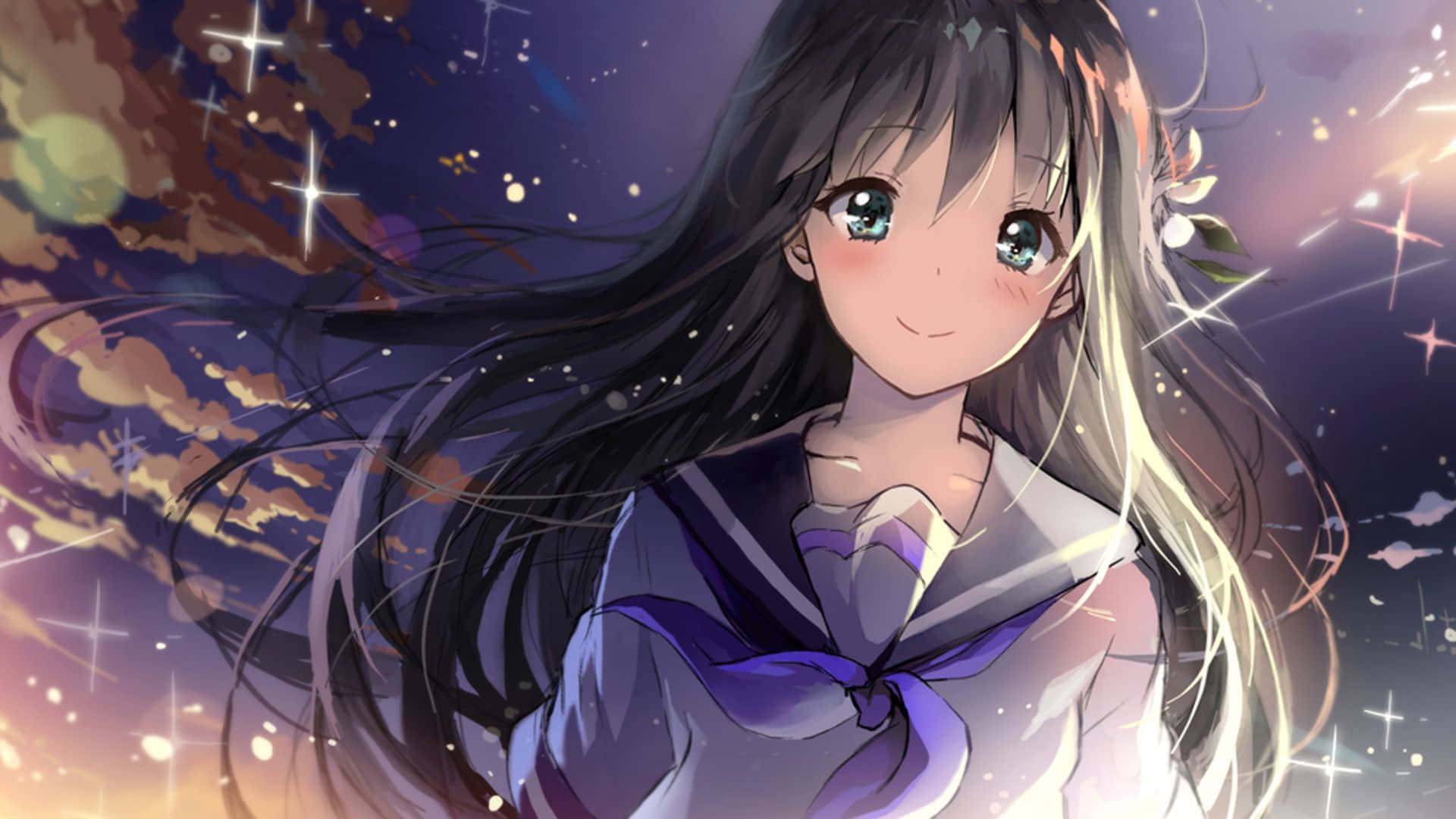 長髮動漫女孩與星空 壁紙