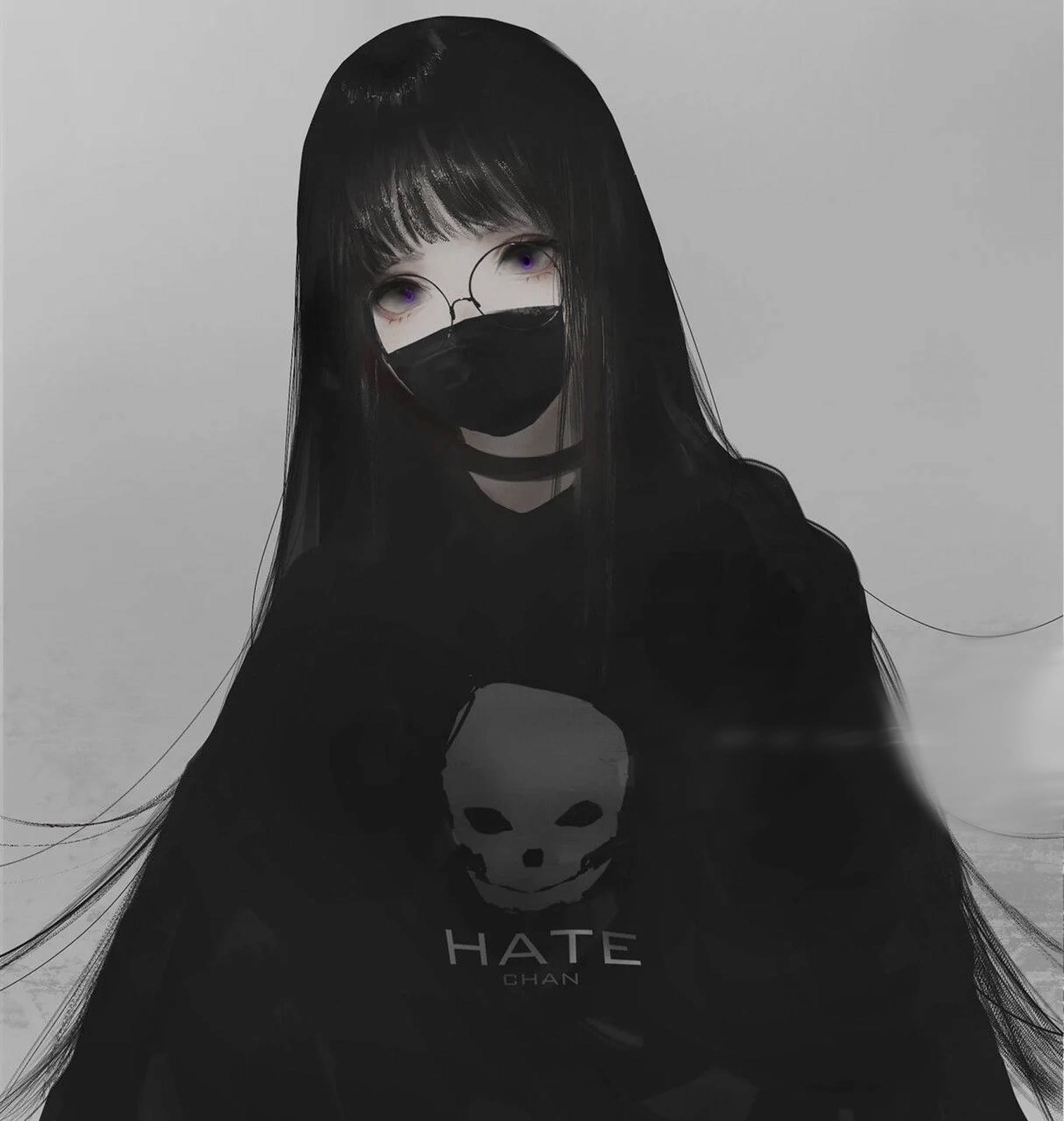 紫眼動漫女孩戴著眼鏡和黑色口罩遮住嘴巴。