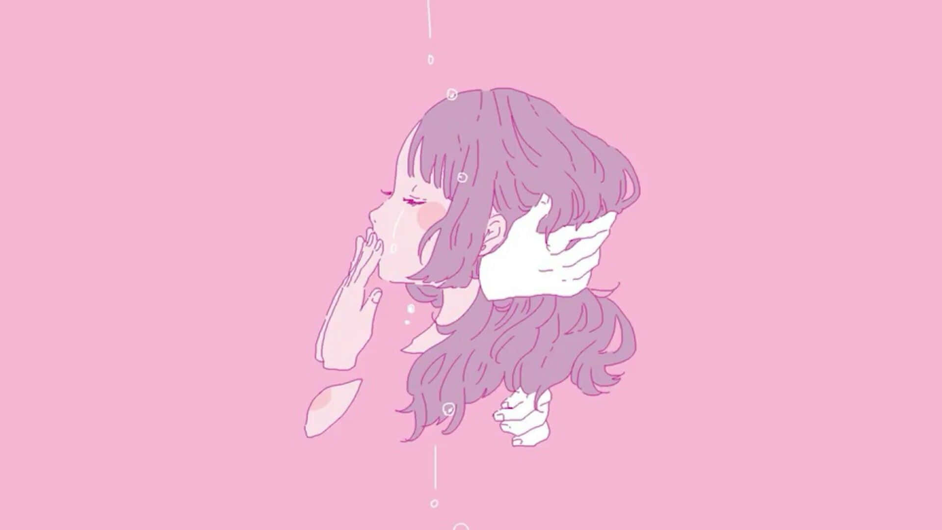 長髮女孩托著頭部 壁紙 — 一位精緻的動漫女孩，紫色頭髮，在柔和的粉紅色背景上輕輕漂浮，雙手靠近臉龐，姿態寧靜。