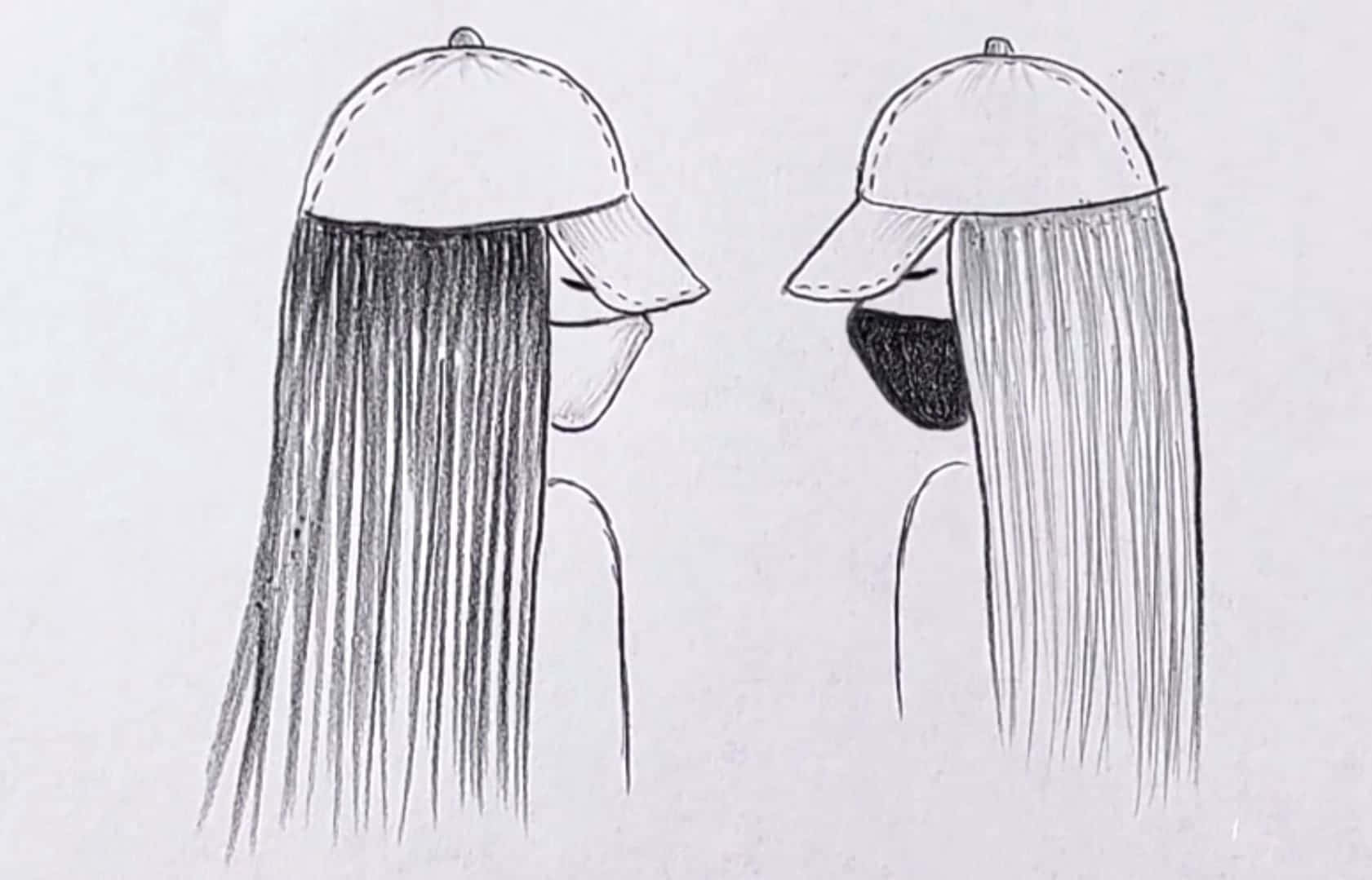 兩個戴帽和口罩的人在素描中相對。