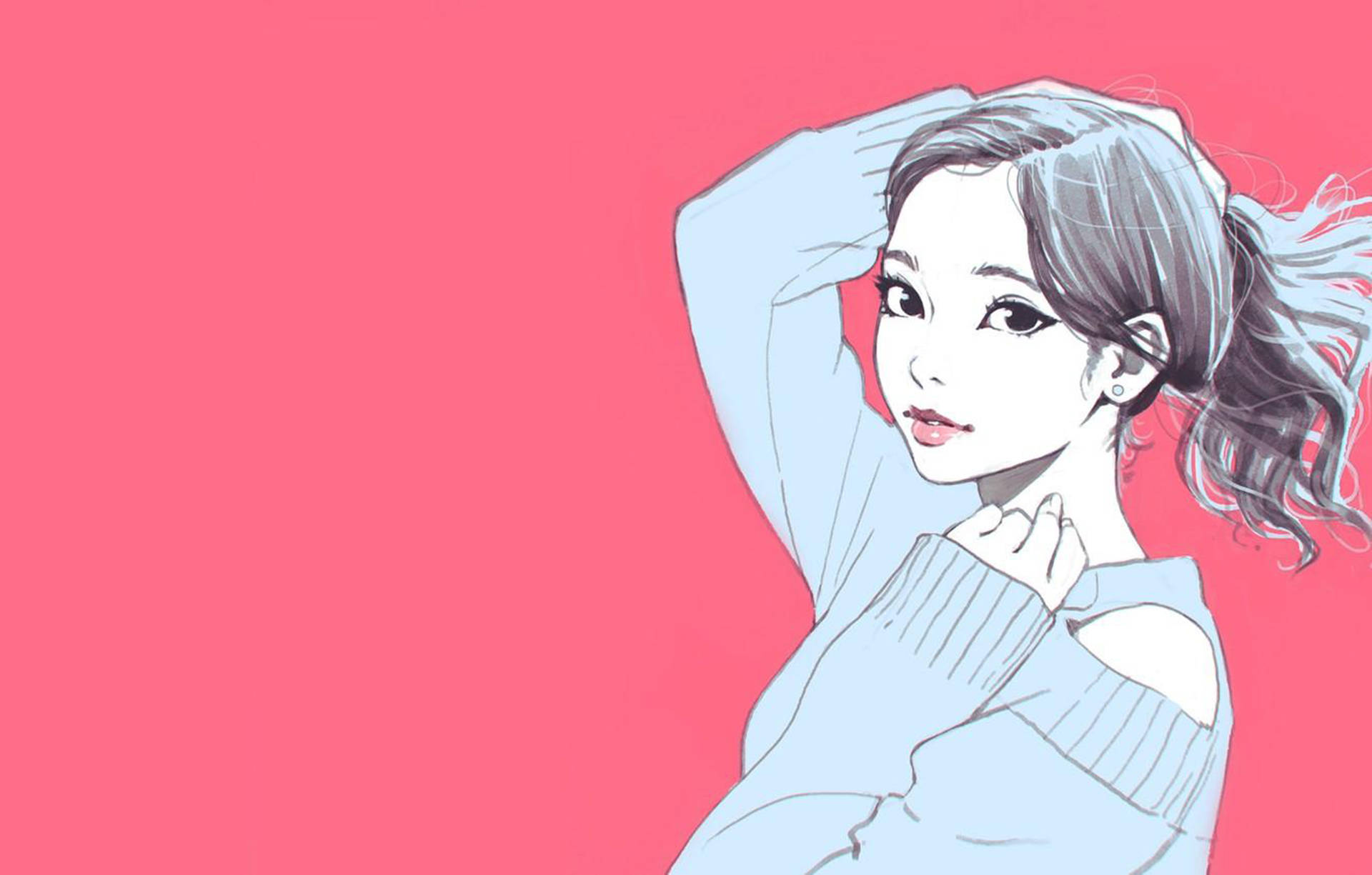 一位穿著藍色毛衣的年輕女性在粉紅色背景前擺姿勢。