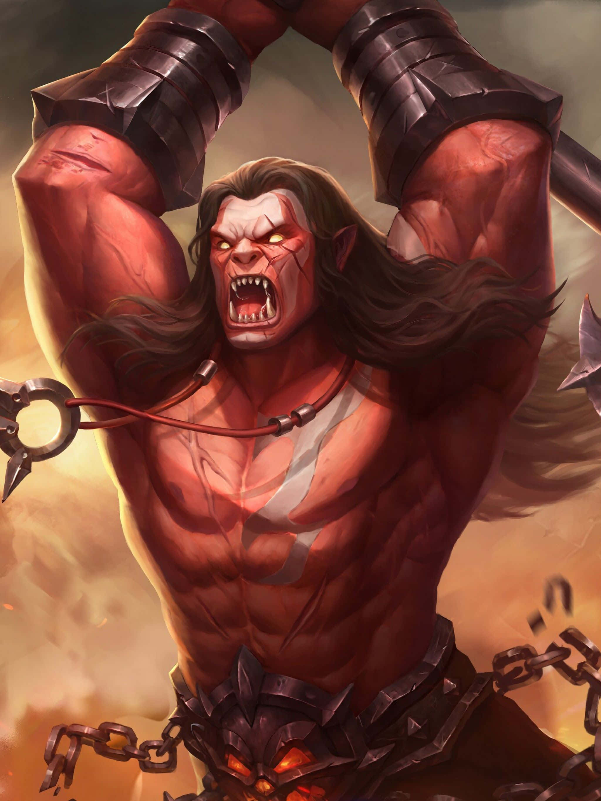 長髮巴爾蒙德《Mobile Legends》 壁紙 — 一個肌肉發達的獸人戰士，眼睛發光，帶著鎖鏈，在熾熱的橙色背景下兇猛咆哮。
