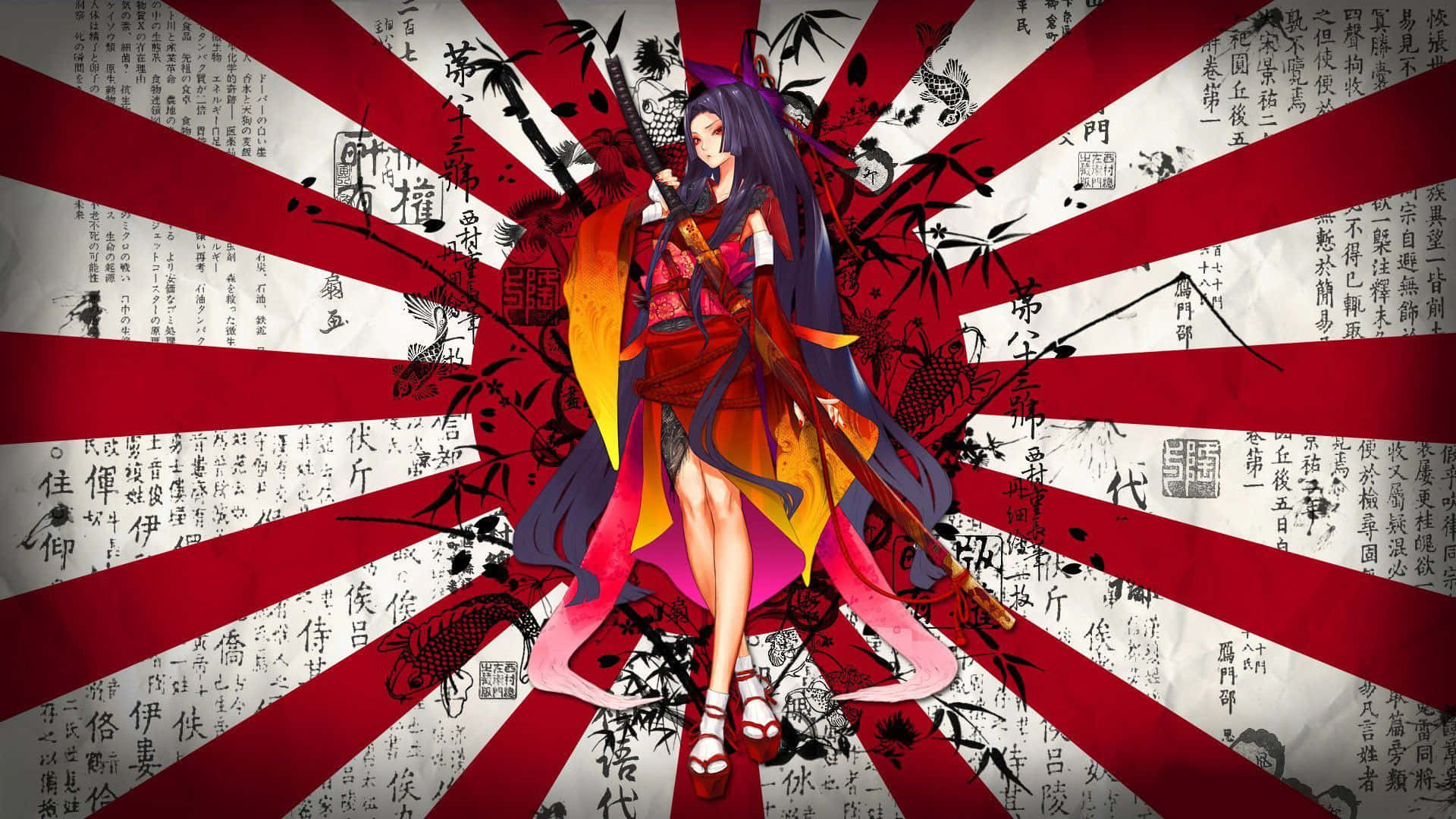 長髮日本女孩站在紅白背景前 壁紙