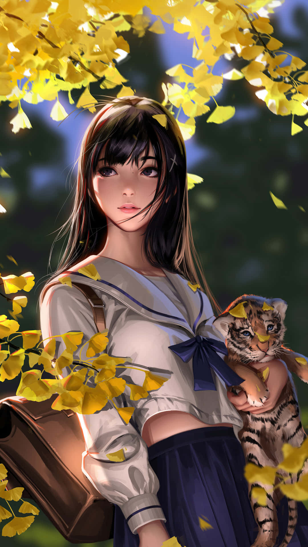 穿著校服的動漫女孩在金色銀杏樹下抱著一隻小老虎。