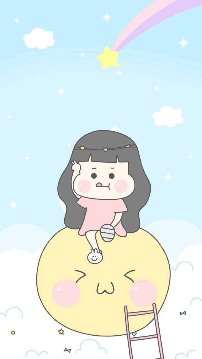 一個女孩坐在微笑的月亮上，下方有彩虹和星空。