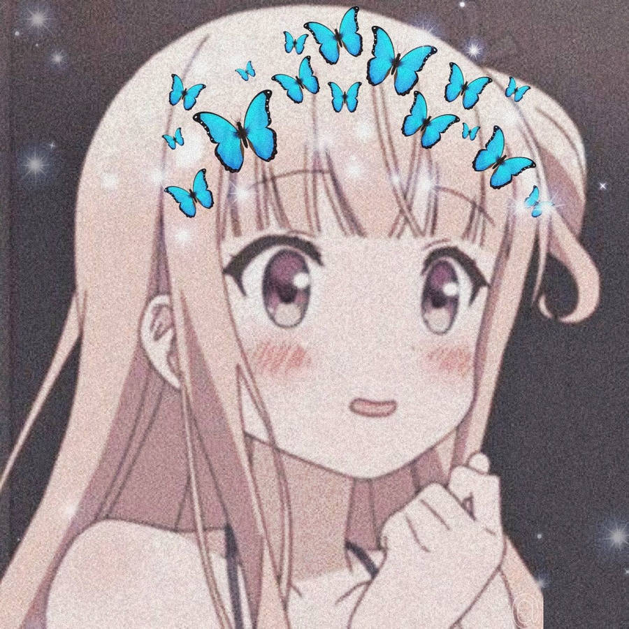 可愛動漫頭像gif 桌布 壁紙 — 長髮閃亮眼睛的動漫女孩，被發光的藍色蝴蝶環繞，背景是星空夜空。