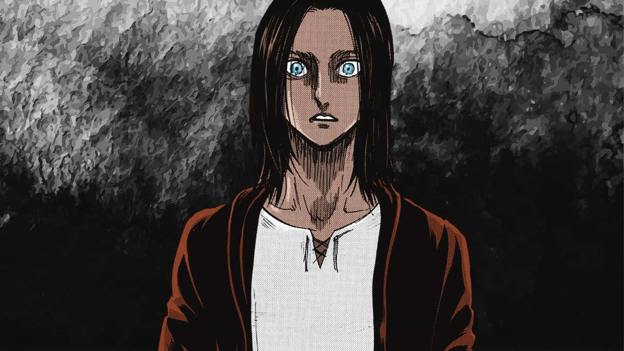 長髮驚訝艾倫·耶格爾頭像 壁紙 — 一個莊嚴的動漫角色，擁有銳利的藍色眼睛和深色頭髮，站在煙霧灰背景前，穿著白色襯衫和棕色外套。