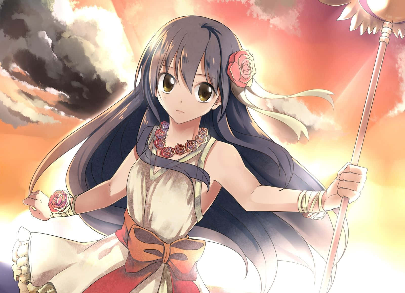 Wendy Marvell 桌布 壁紙 — 長黑髮、佩戴玫瑰飾物的動漫女孩，在充滿活力的日落天空下自信地站立，手持法杖。