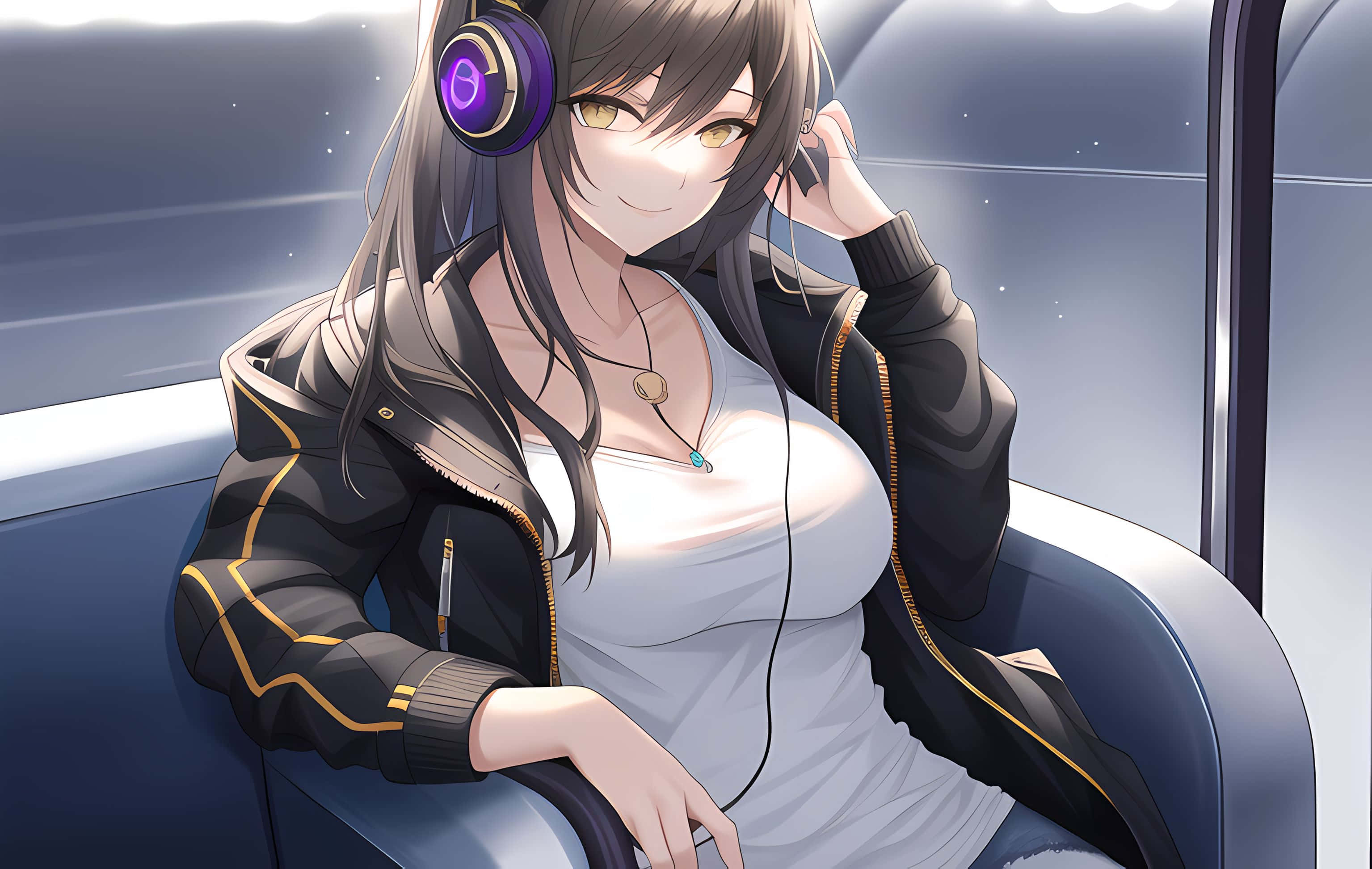 Cartoon Music 桌布 壁紙 — 長黑髮、戴紫色耳機的動漫女孩坐在時尚的未來車廂內微笑。