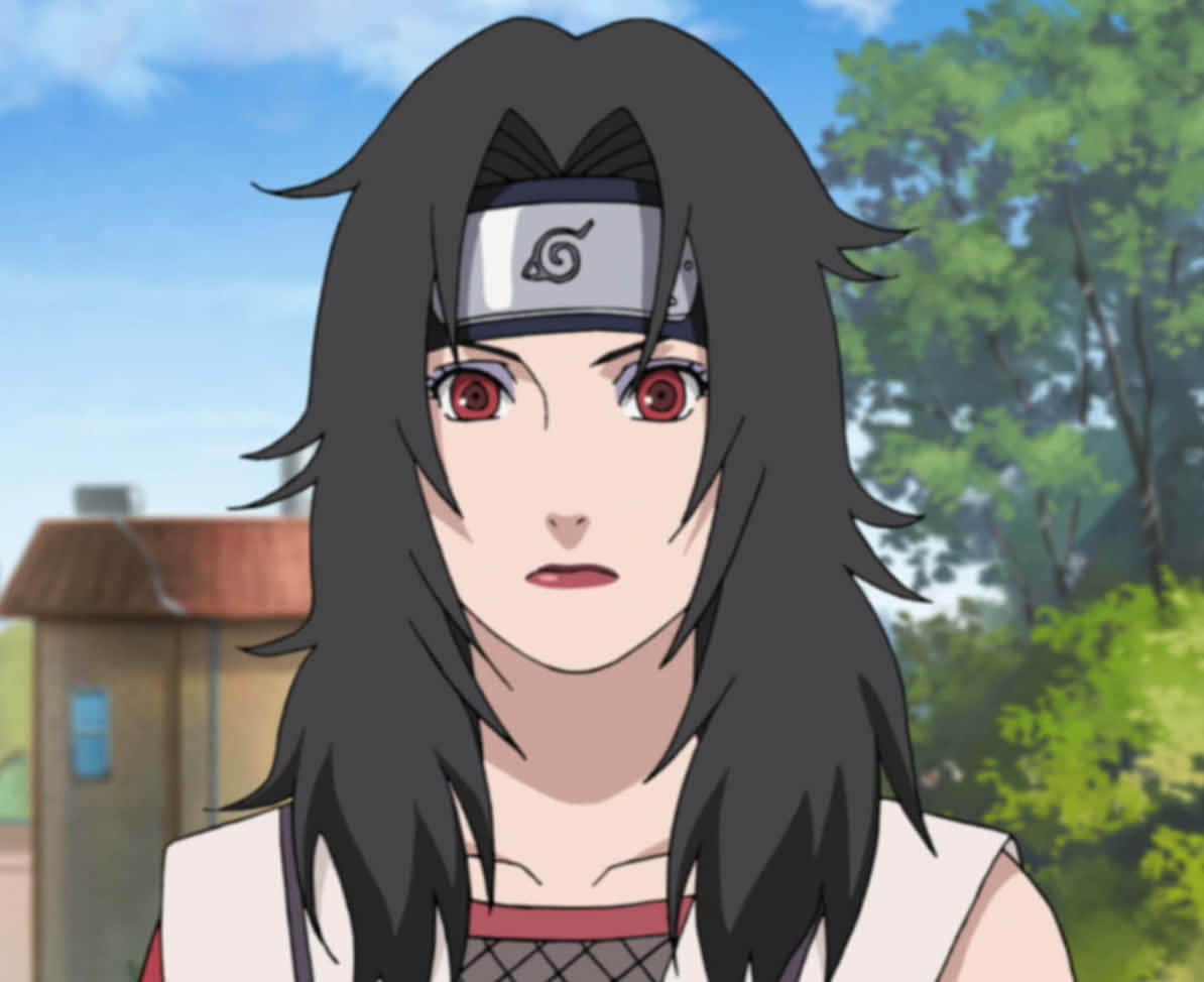 Kurenai Yuhi 桌布 壁紙 — 長黑髮、紅眼、戴頭帶的動漫角色，站在有綠樹和藍天的明亮戶外環境中。