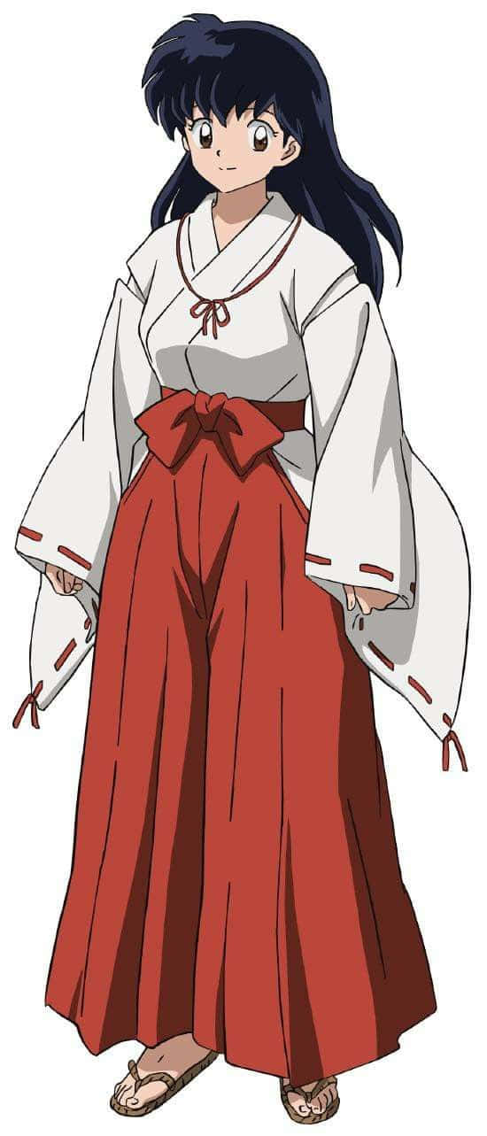 Inuyasha Kagura 桌布 壁紙 — 長黑髮的動漫女孩穿著白色和服，配紅色腰帶和紅色袴，站在純白背景前。