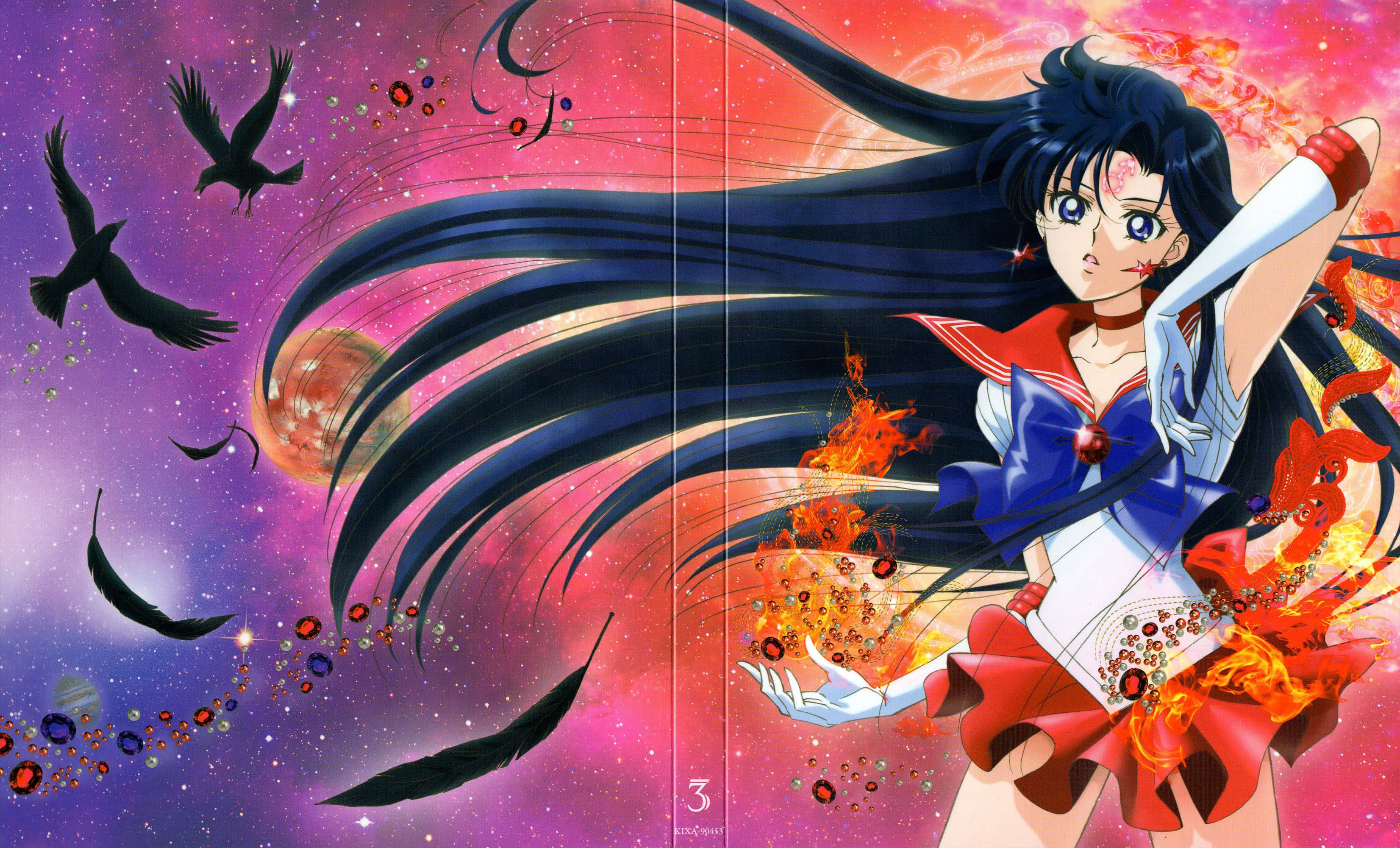 sailor mars 桌布 壁紙 — 長黑髮的動漫戰士在宇宙背景下，伴隨著飛翔的烏鴉和發光球體，引導出熾熱的能量。
