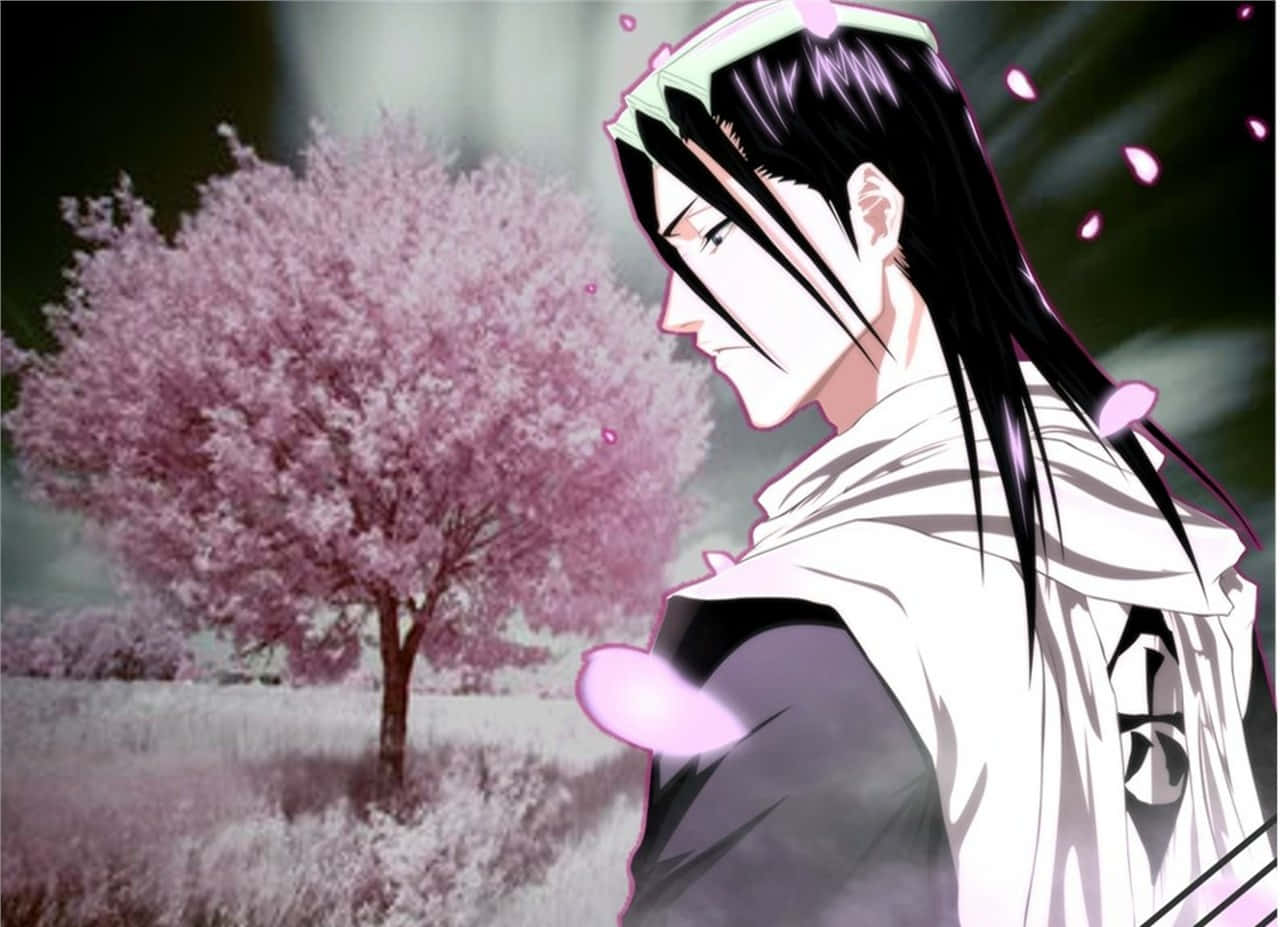 Byakuya Kuchiki 桌布 壁紙 — 長黑髮的動漫角色側身站在盛開的粉紅櫻花樹旁，花瓣在空中飄舞。
