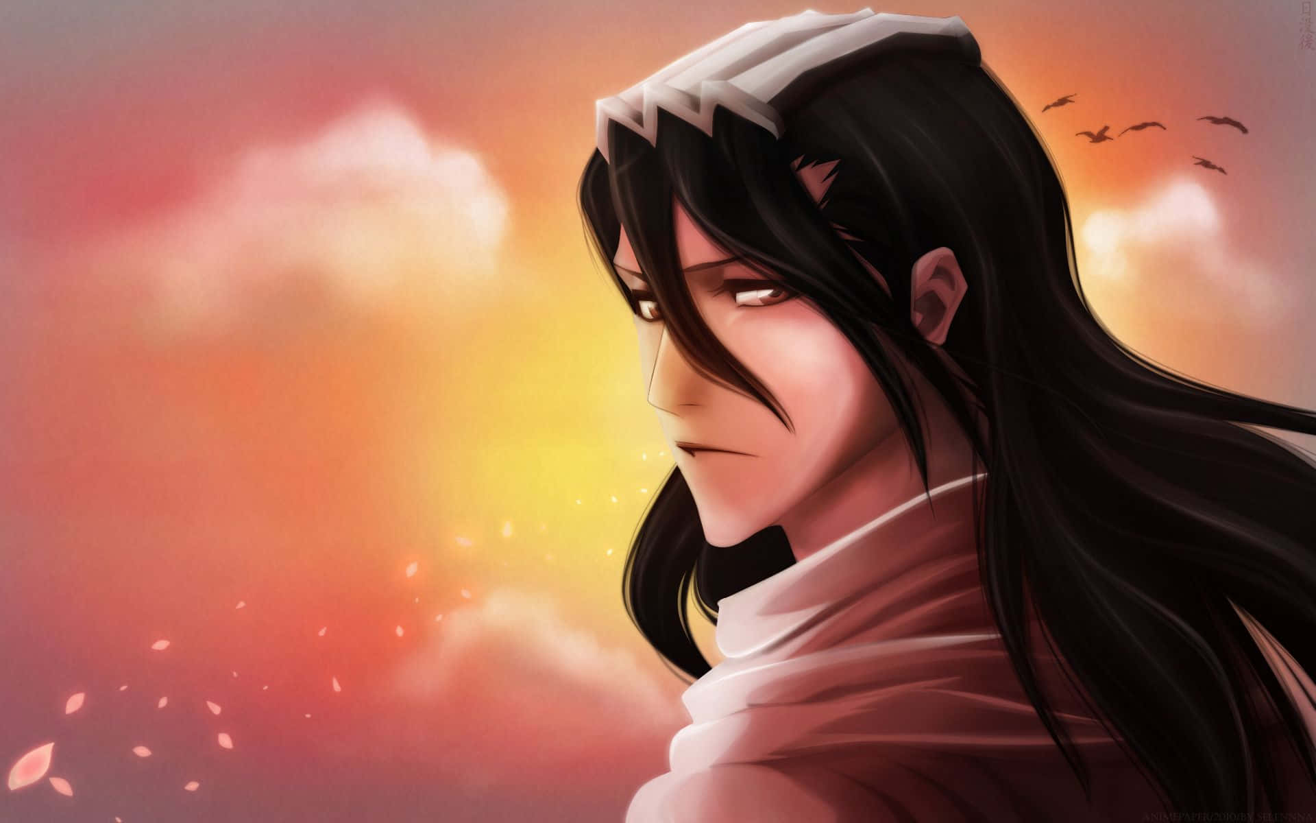 Byakuya Kuchiki 桌布 壁紙 — 長黑髮的動漫角色在溫暖的夕陽天空下，伴隨著鳥兒和飄落的花瓣，若有所思地凝視著。