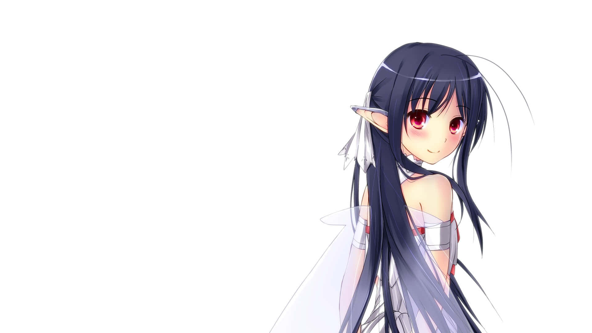 Yuuki Konno 桌布 壁紙 — 長黑髮紅眼動漫女孩在純白背景上溫柔微笑。