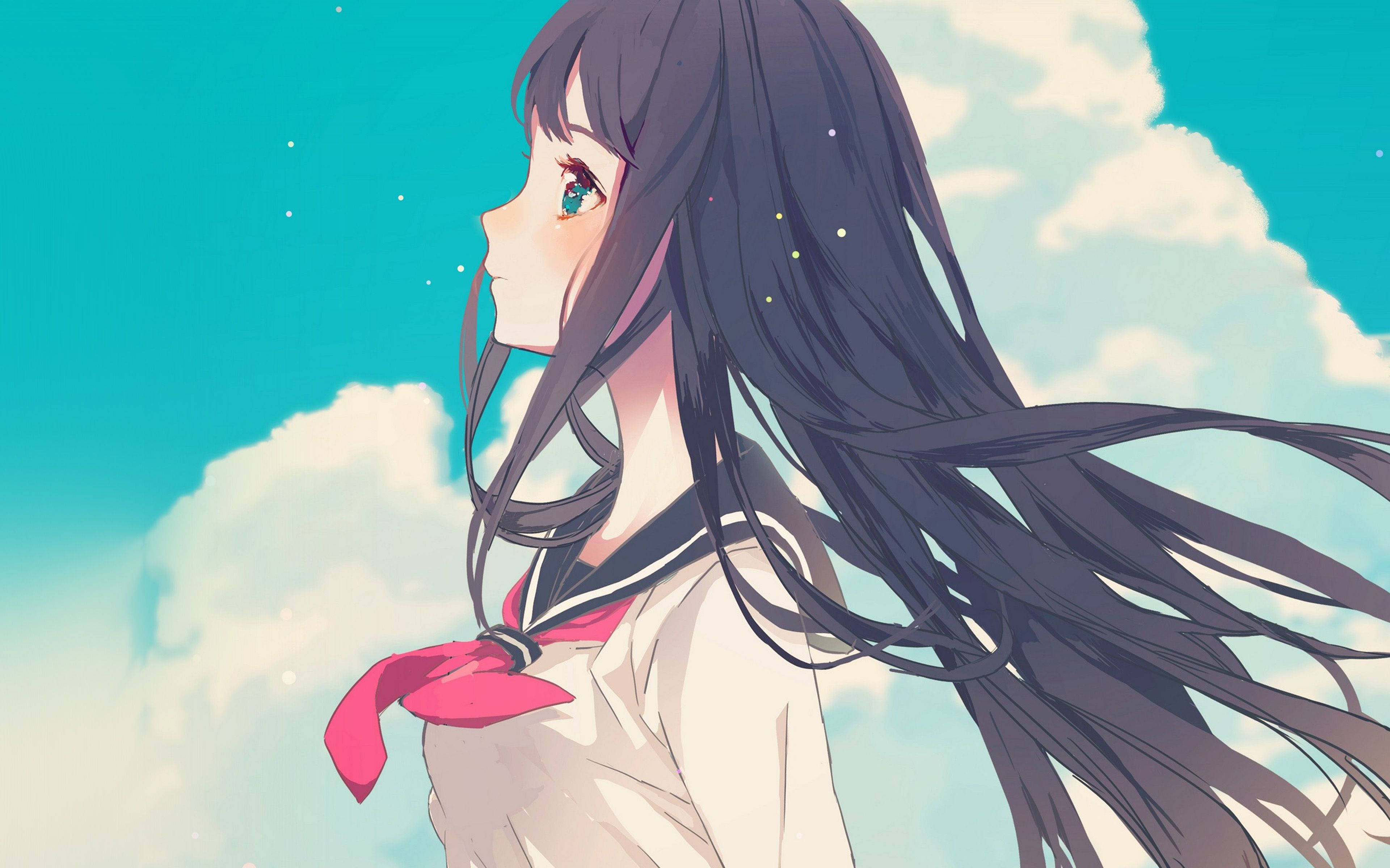 girls 桌布 壁紙 — 長黑髮紅絲帶的動漫少女仰望藍天白雲。