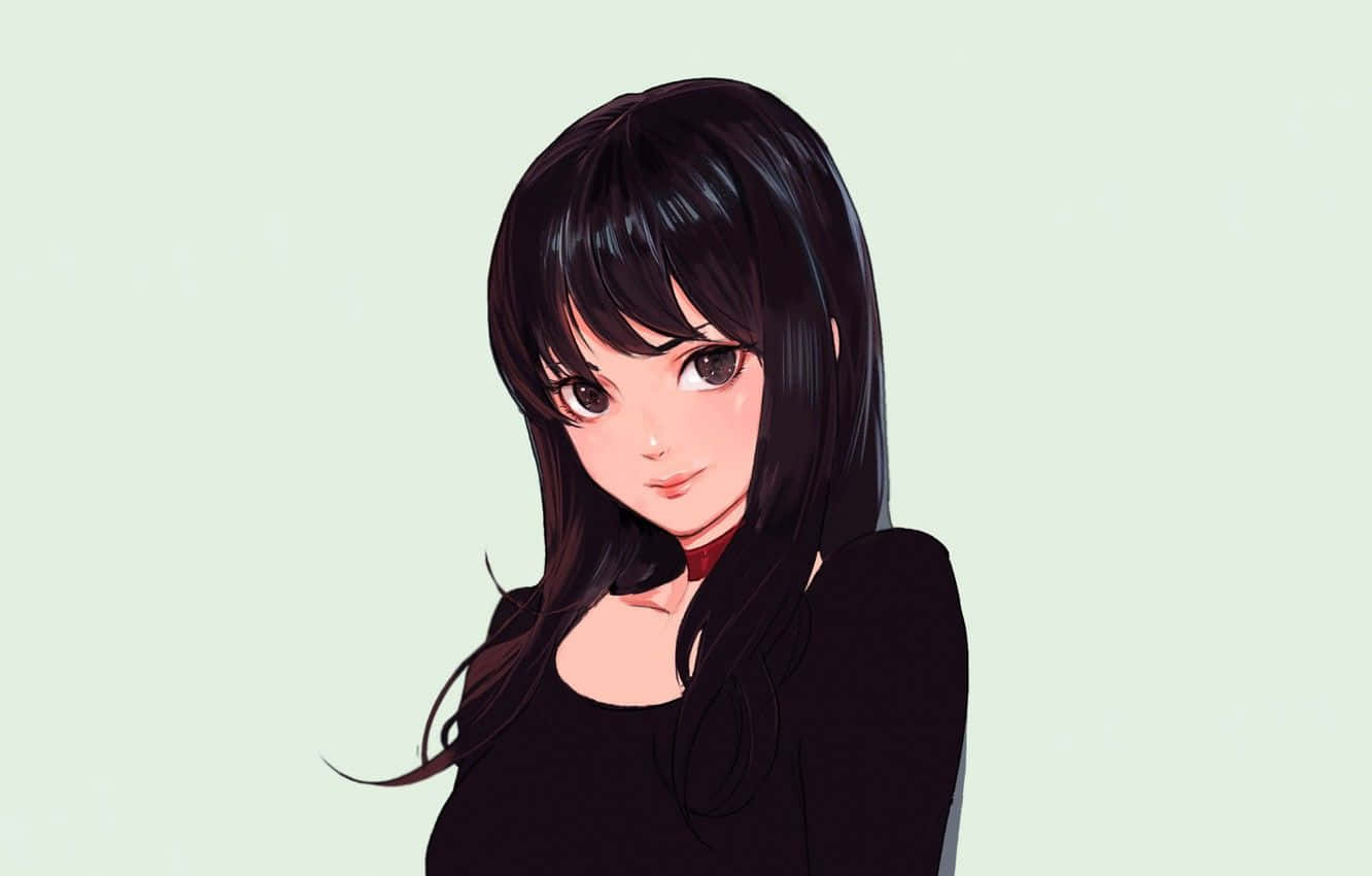 長黑髮藍眼動漫少女 壁紙 — 一位平靜的動漫女孩，長長的黑髮和溫柔的眼神，站在淡薄荷色背景前。