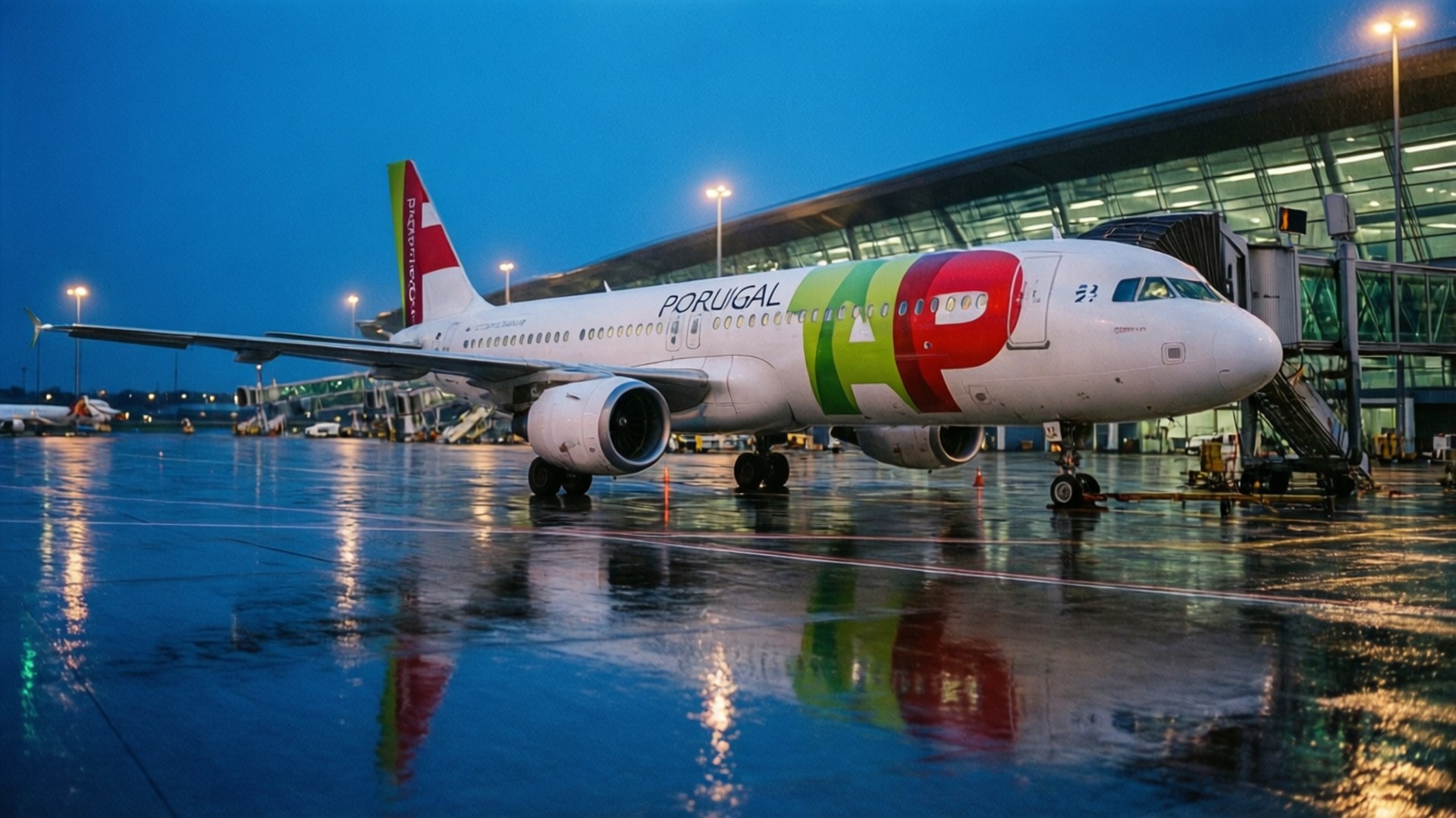 門口黃昏時分 壁紙 — 一架TAP葡萄牙航空的飛機在黃昏時停在濕滑的停機坪上，機場燈光下閃爍著倒影。