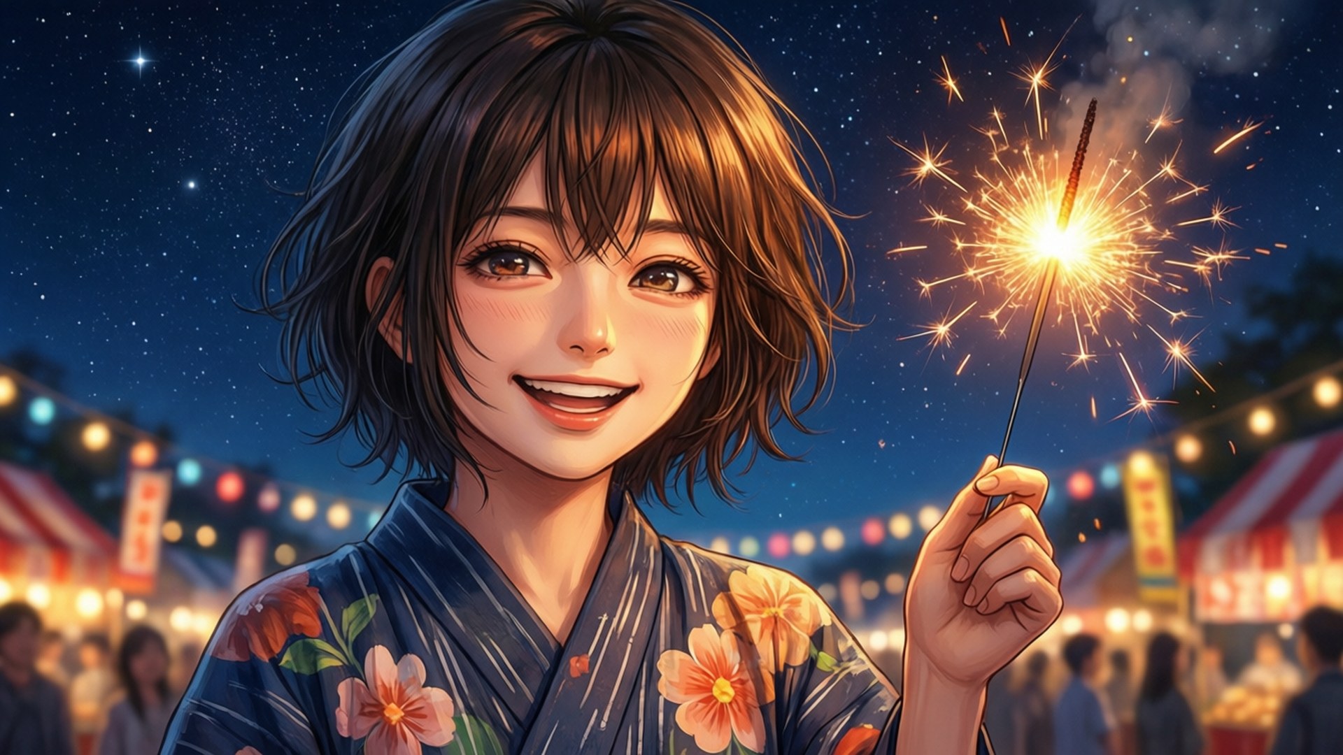 一位微笑的動漫女孩穿著花卉和服，在星空下的夜間節日中手持仙女棒。