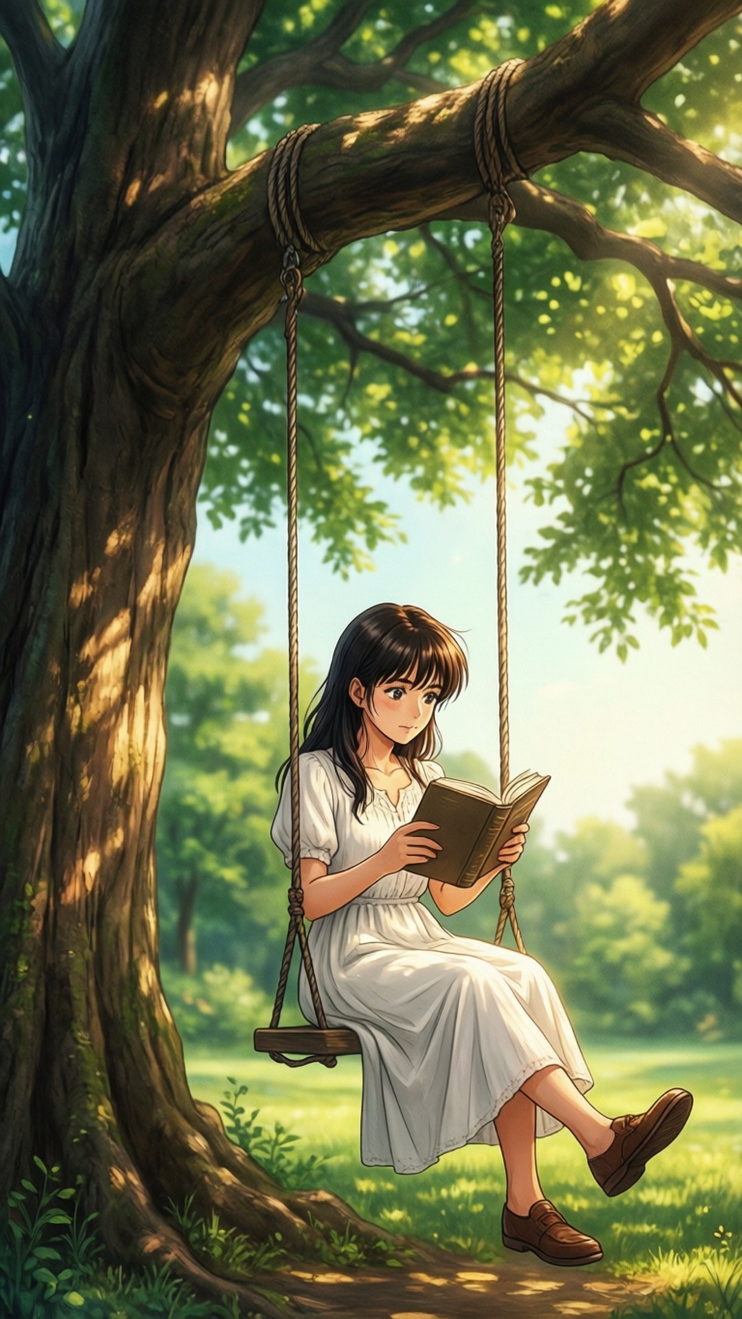穿白色連衣裙的女孩在陽光明媚的森林裡坐在樹鞦韆上看書。