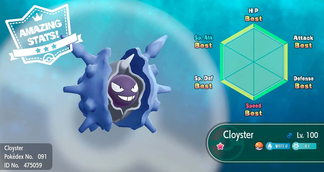 閃亮 Cloyster — 強大的水/冰系寶可夢 壁紙 — 一隻名為鐵甲貝的藍色多刺寶可夢，擁有紫色臉龐和尖銳牙齒，從氣泡中衝出，背景為青綠色，帶有統計數據覆蓋層。