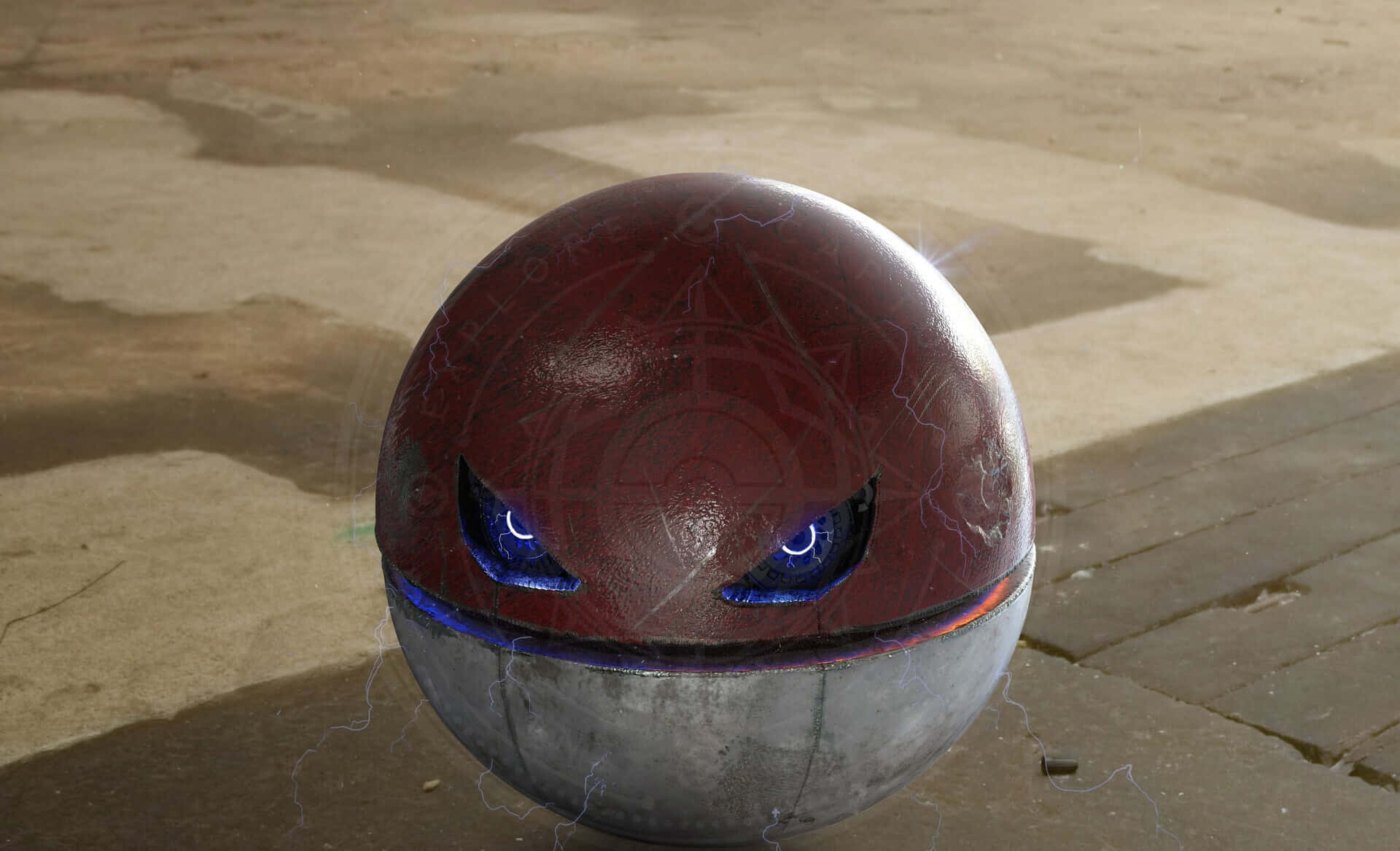 閃亮Voltorb：電屬性寶可夢 壁紙 — 一個帶有發光藍色眼睛和噼啪作響電流的威脅性紅色和銀色球形機械人坐在破裂的混凝土表面上。