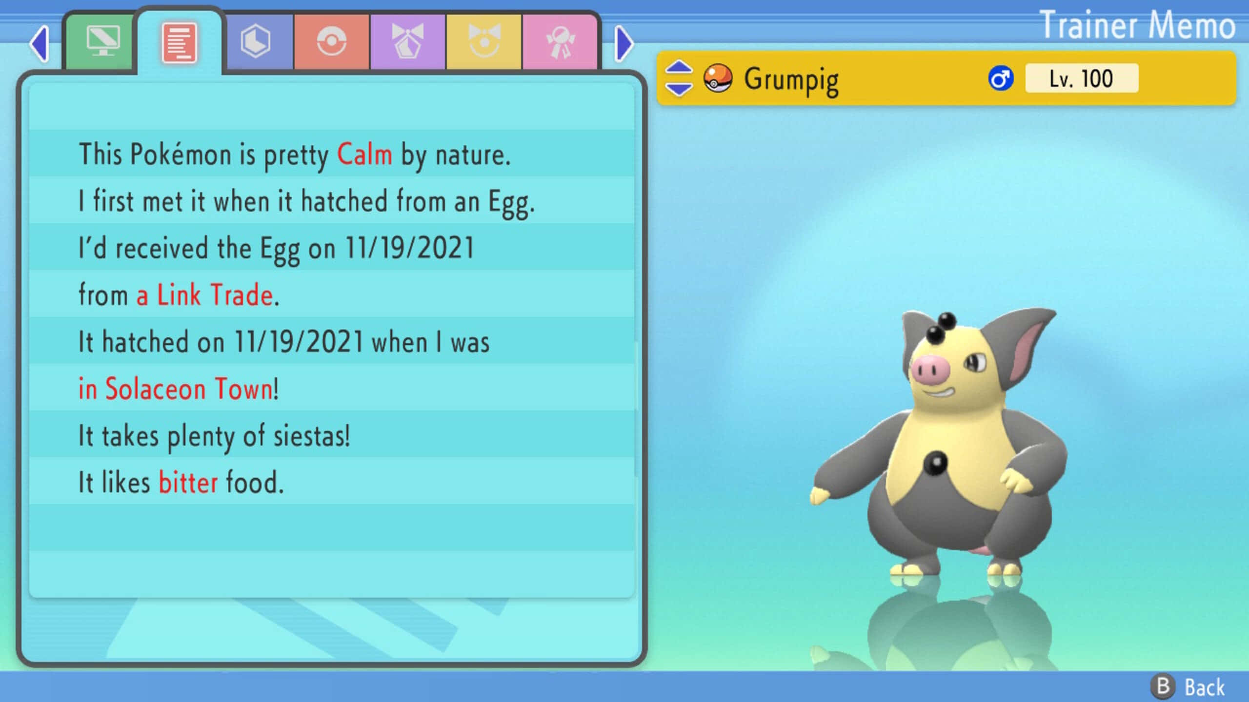 閃亮咕嚕嚕附帶說明文字 壁紙 — 一隻Grumpig寶可夢站在遊戲介面中，附有訓練家備忘錄，詳細說明其冷靜的個性和孵化歷史。