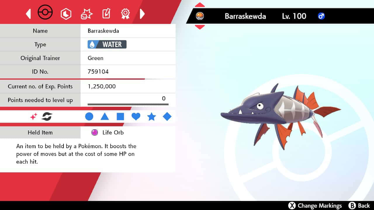 Barraskewda 等級100 水系 寶可夢 持有 生命寶珠 遊戲狀態畫面