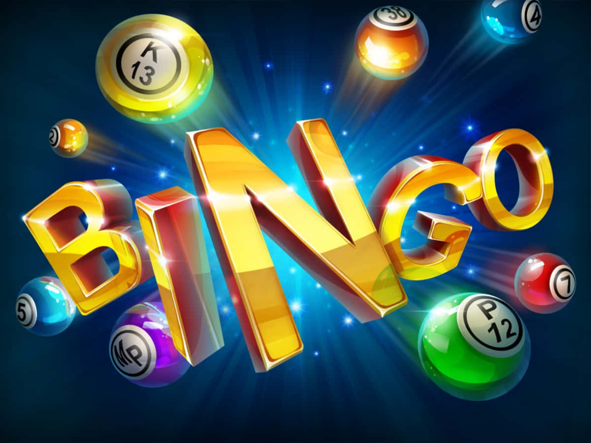 Bingo 桌布 壁紙 — 閃亮的3D金色賓果字母，周圍環繞著色彩繽紛的數字球，背景是閃爍的藍色。