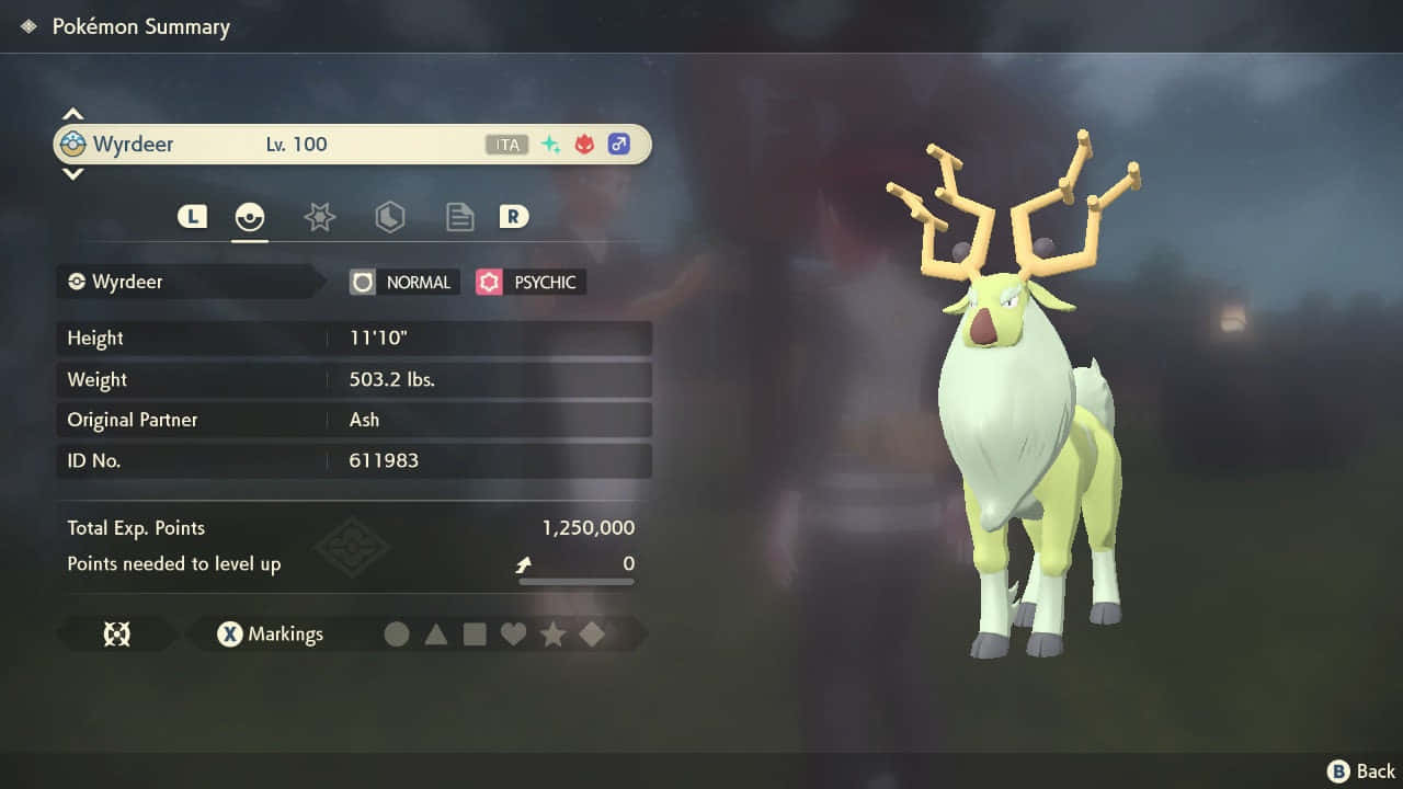 閃亮的Wyrdeer數據 壁紙 — 一隻等級100的Wyrdeer Pokémon，發光的鹿角，站在遊戲選單中，背景是模糊的戶外景色。