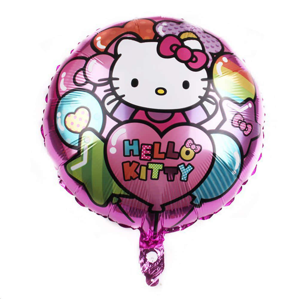 Hello Kitty Party 桌布 壁紙 — 閃亮的粉紅色鋁箔氣球，Hello Kitty 手持一個心形，上面有她的名字，以彩色字母呈現，周圍環繞著彩虹和心形圖案。