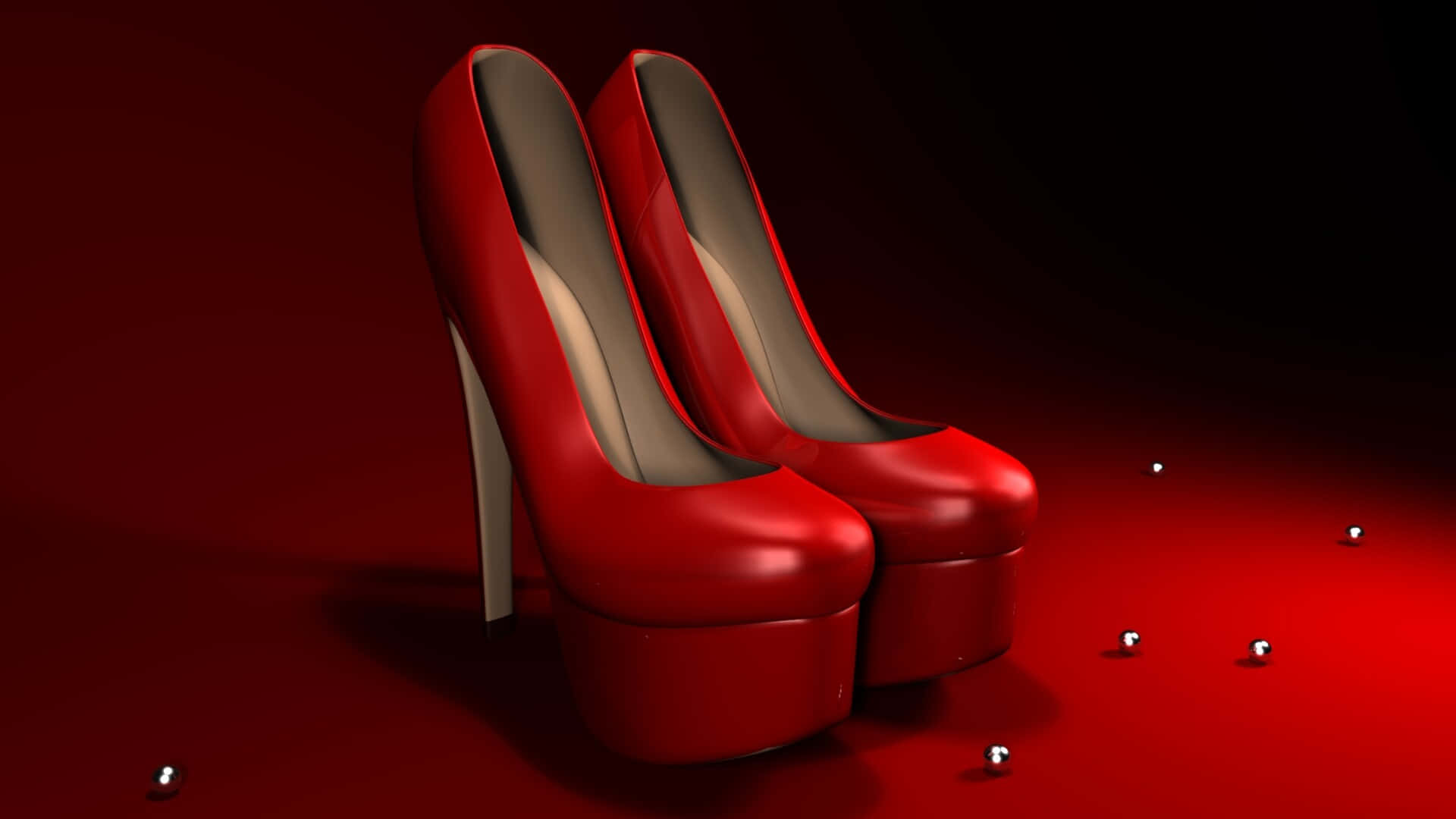 Red High Heels 桌布 壁紙 — 閃亮的紅色厚底高跟鞋，配銀色細高跟，立於相配的紅色地板上，散落著反光的銀色珠子。