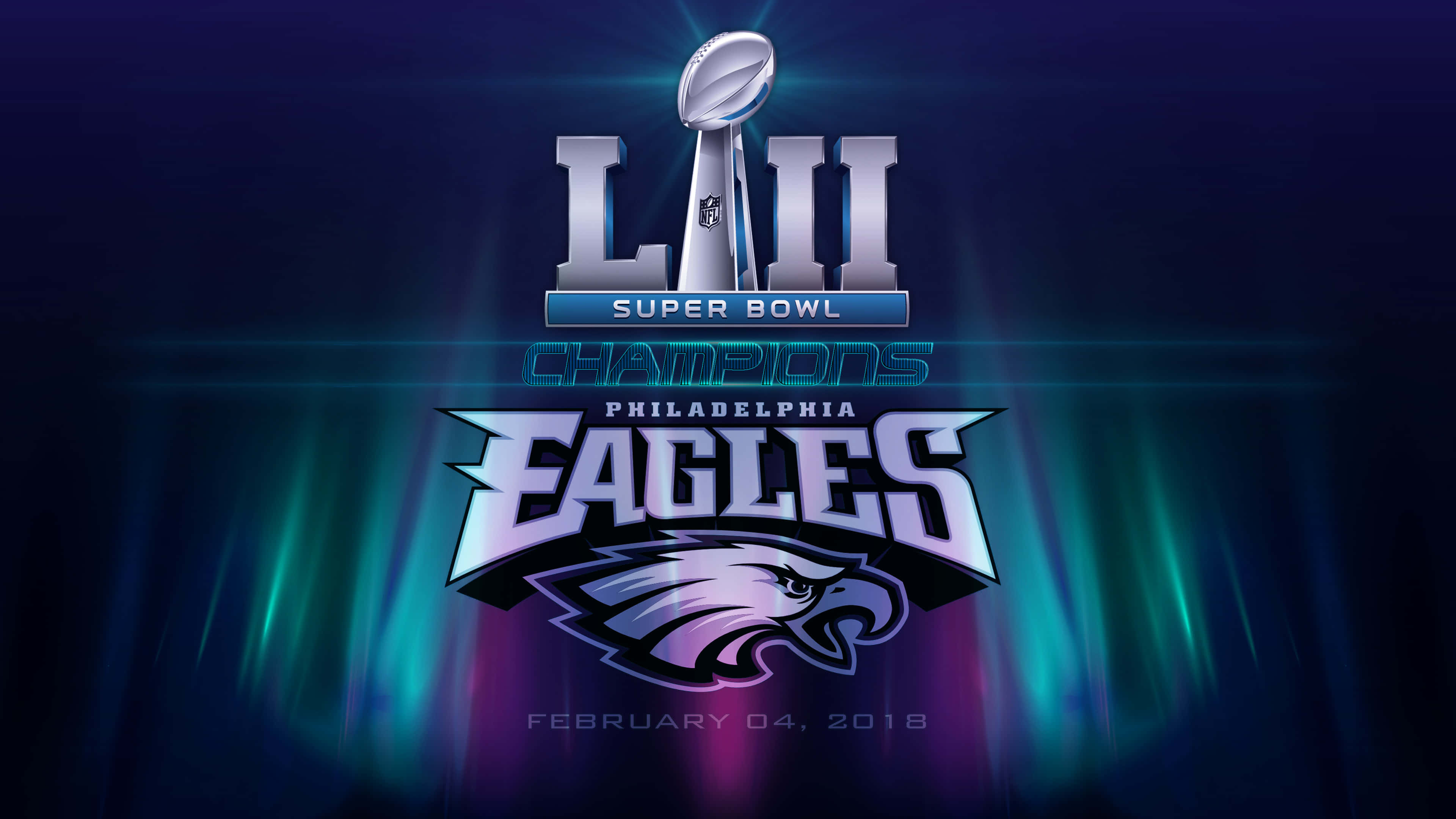Super Bowl 桌布 壁紙 — 閃亮的銀色超級碗獎盃在鮮豔的藍色和藍綠色發光背景上，在醒目的費城老鷹隊冠軍標誌上方閃耀。