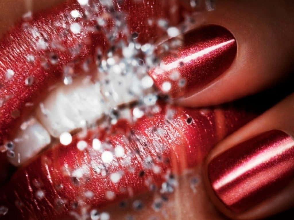 Cute Nails 桌布 壁紙 — 閃亮紅唇與相配指甲的特寫，空氣中懸浮著閃爍的亮片顆粒。