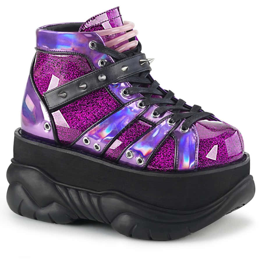 Purple Shoes 桌布 壁紙 — 閃亮紫色及虹彩高筒厚底運動鞋，配黑色搭帶及厚鞋底。