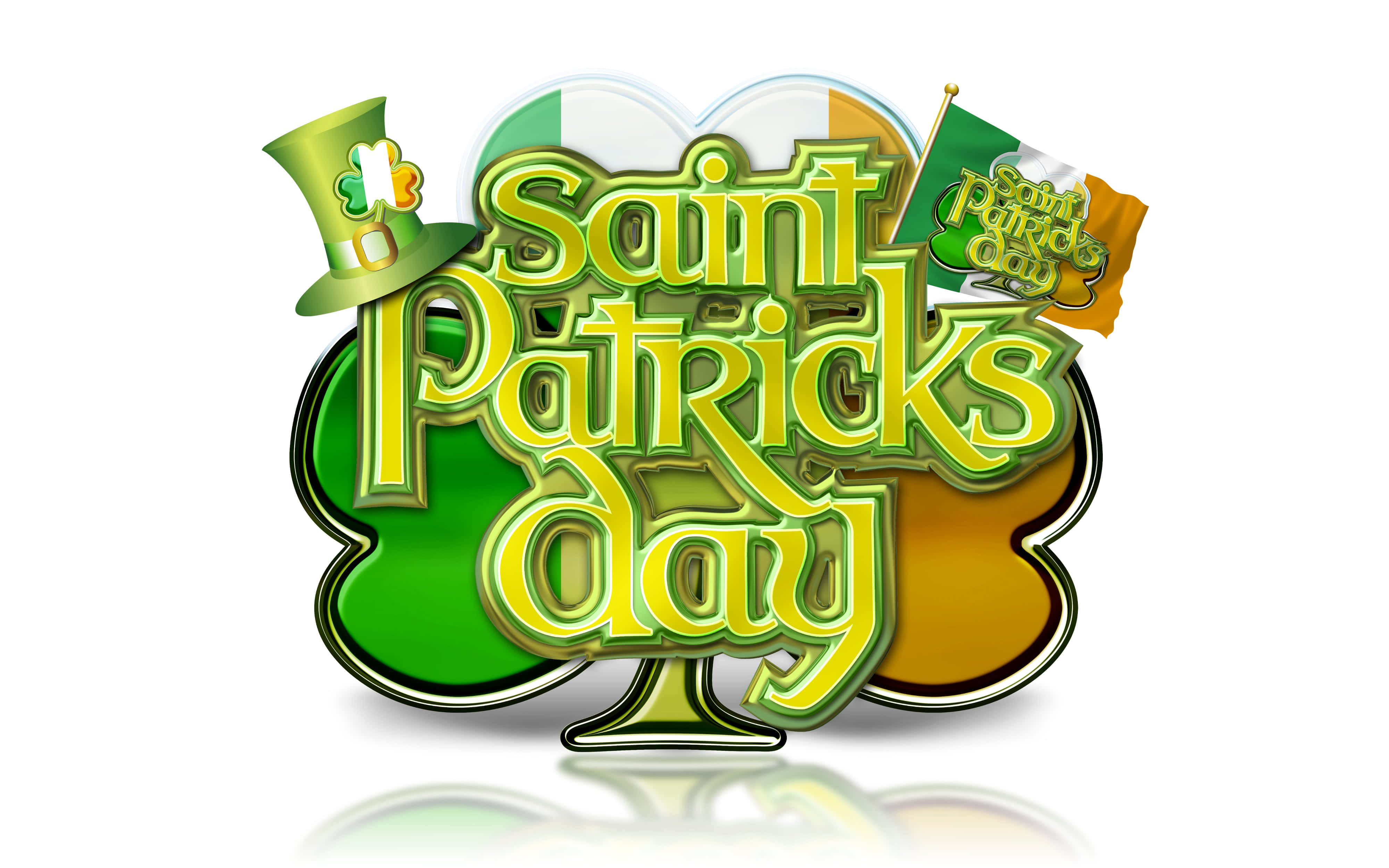 St Patrick's Day 桌布 壁紙 — 閃亮綠色和金色的聖帕特里克節標誌，帶有妖精帽、旗幟和三葉草形狀的背景。