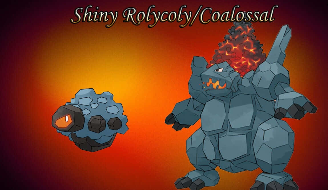 閃亮羅利可利與煤炭巨獸 壁紙 — 兩隻閃光寶可夢Rolycoly和Coalossal站在熾熱的橙色漸變背景前，擁有發光的眼睛和熔岩般的頭髮。