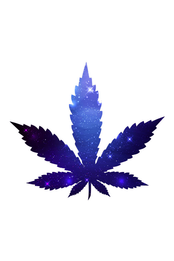 風格化的大麻葉，填充藍色和紫色色調的星空星系圖案。