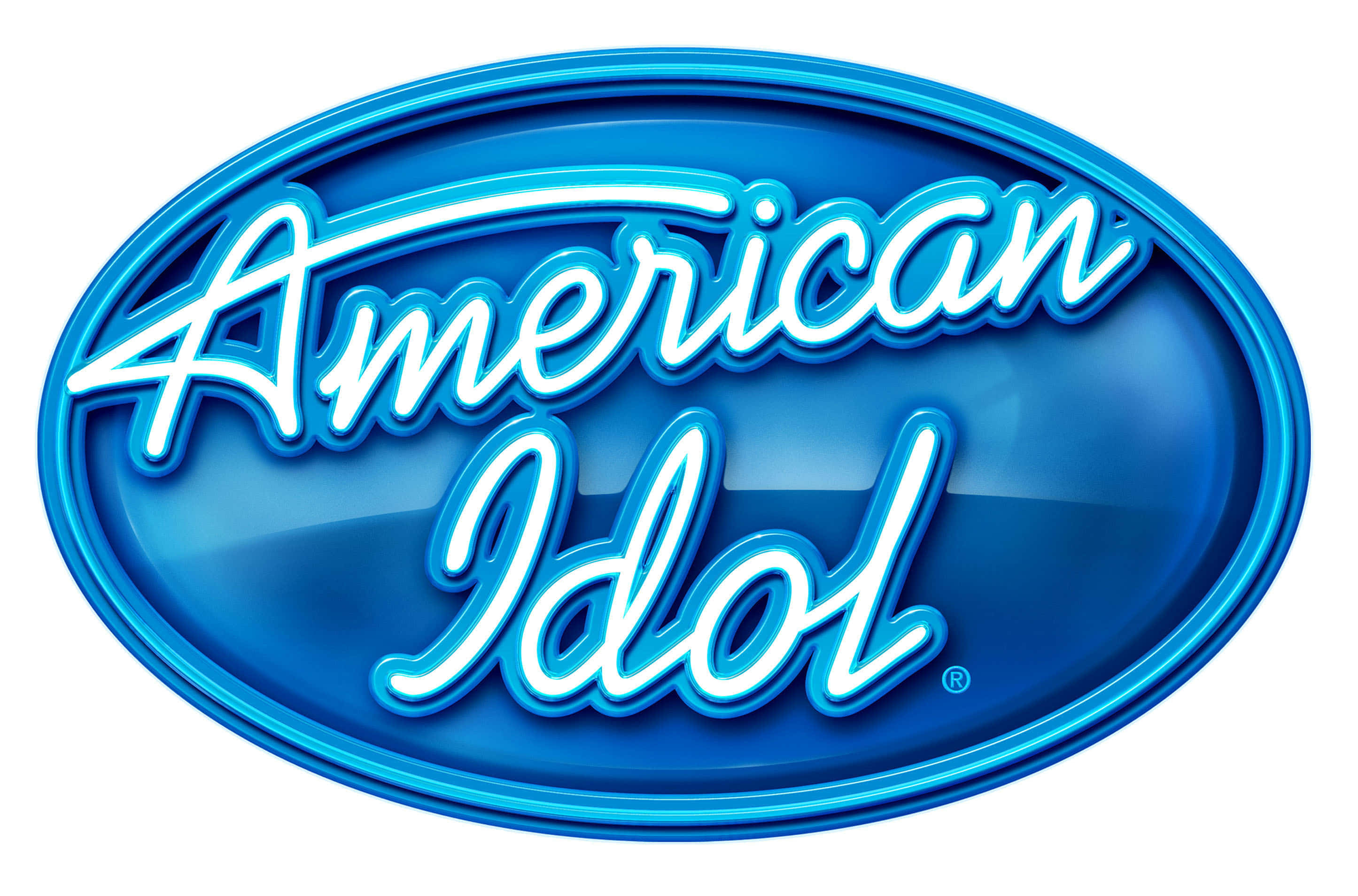 american idol 桌布 壁紙 — 閃亮藍色橢圓形標誌，白色背景上帶有發光白色草書文字 'American Idol'。