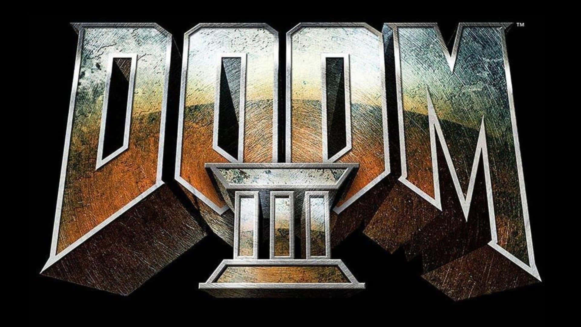 DOOM III 標誌，字母內有沙漠場景，黑色背景